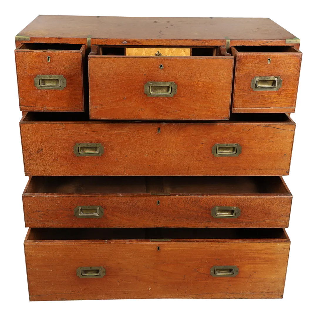 19thc English : teakwood campaign chest with secretary