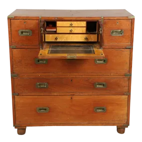 19thc English : teakwood campaign chest with secretary