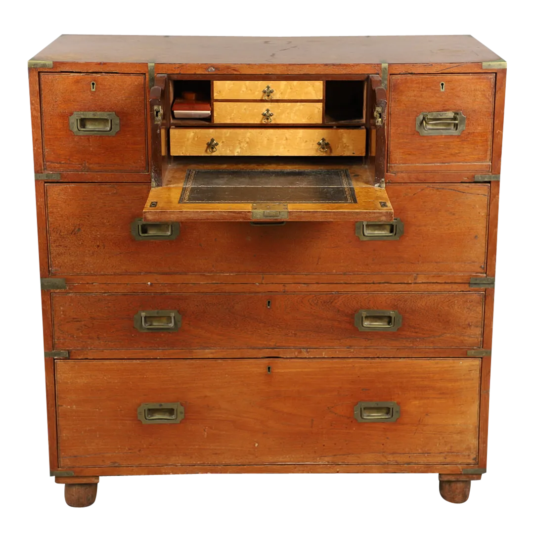 19thc English : teakwood campaign chest with secretary