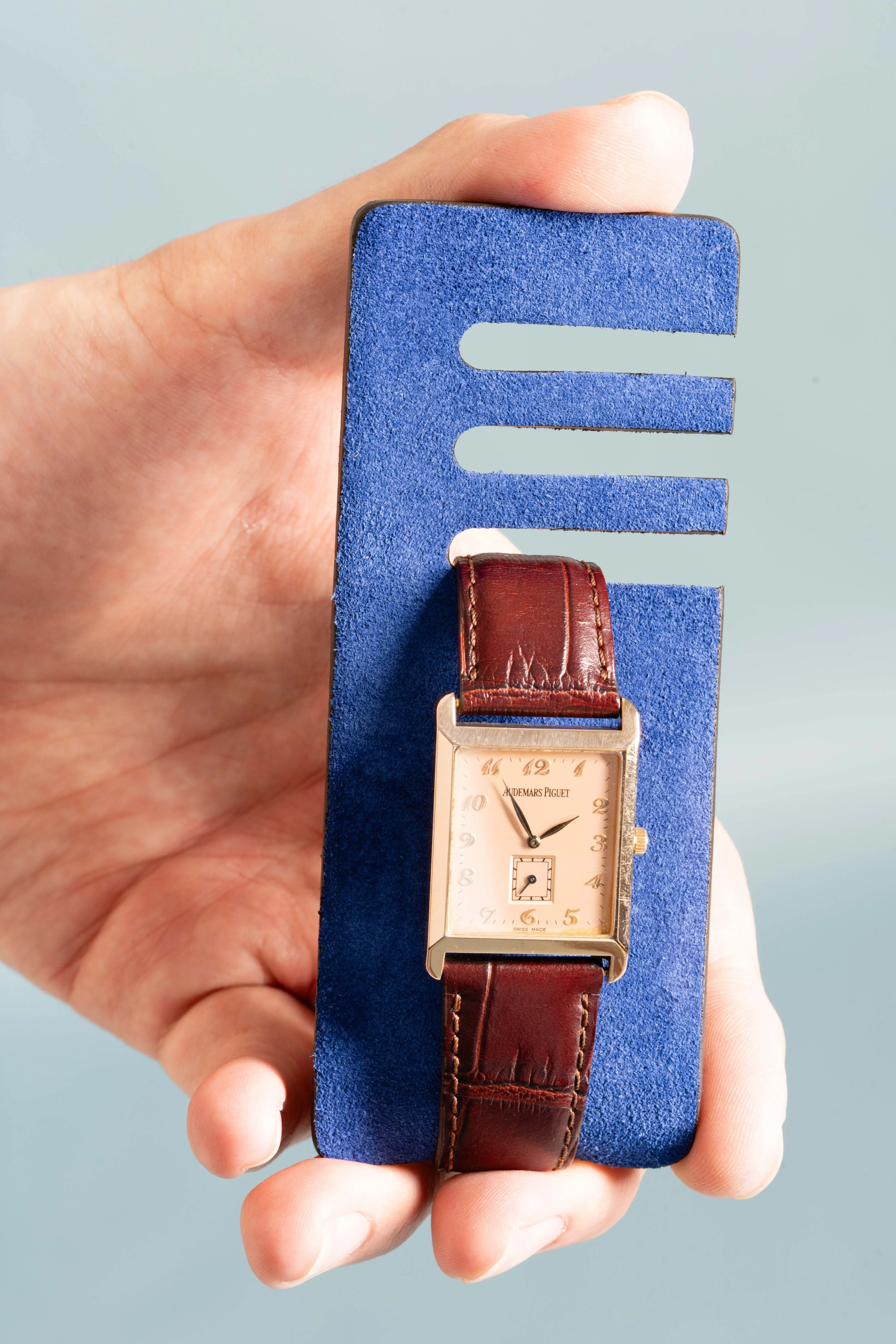 Antique Mahogany & Blue Suede Leather Watch Case