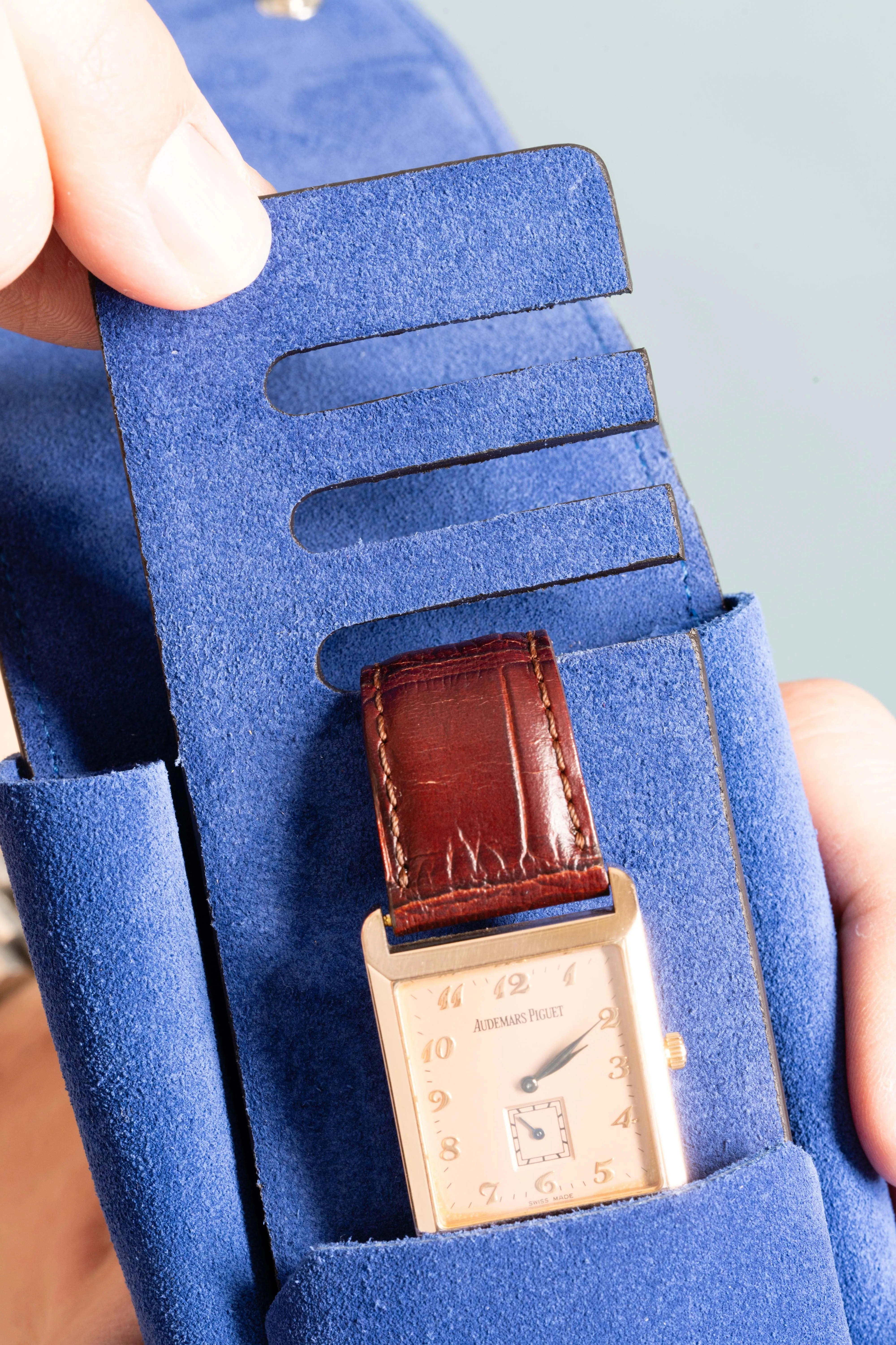 Antique Mahogany & Blue Suede Leather Watch Case