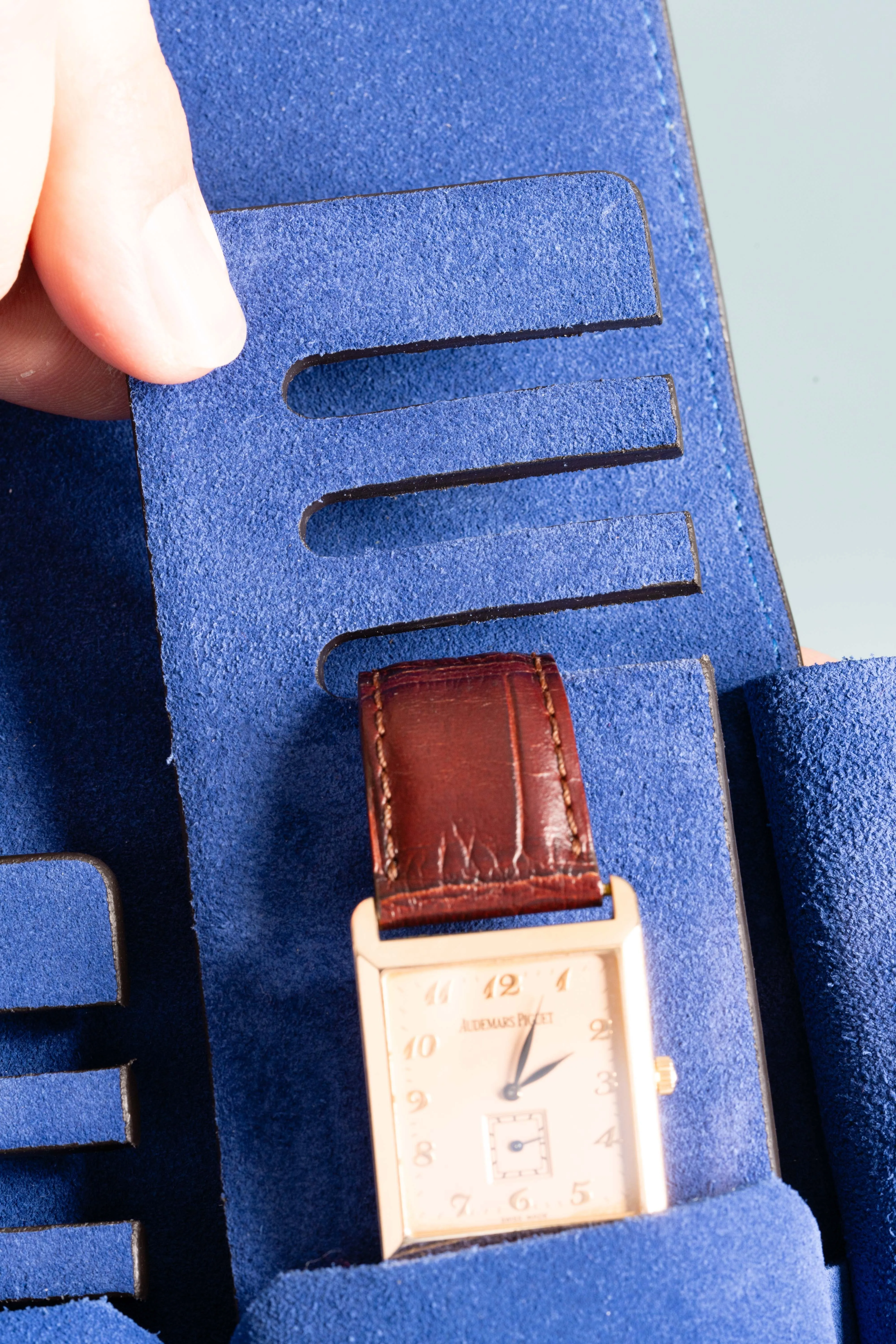 Antique Mahogany & Blue Suede Leather Watch Case