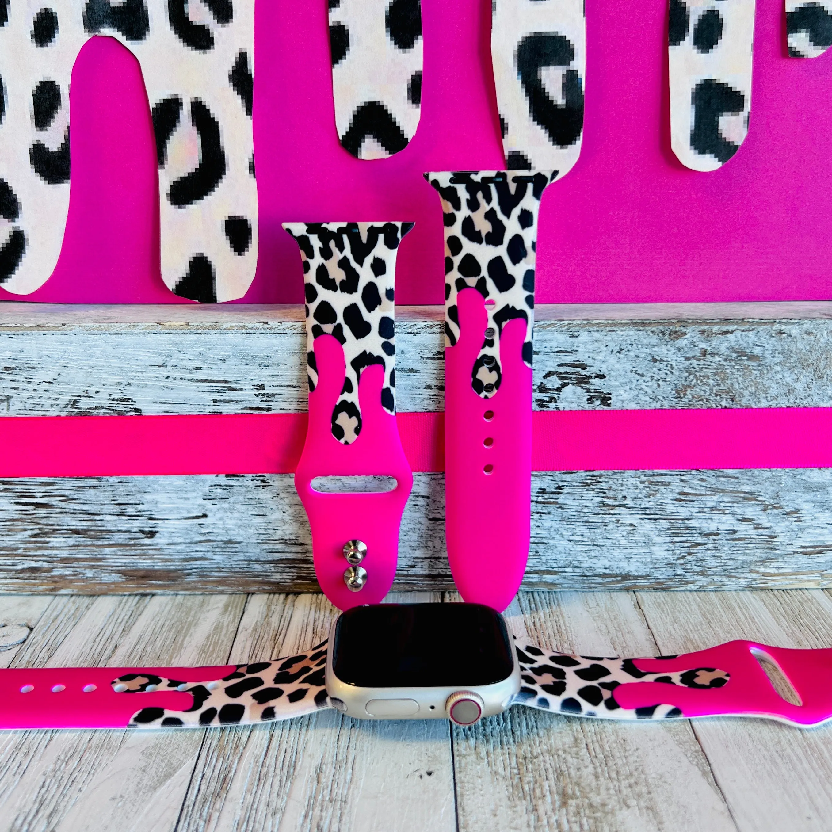 Barbie Pink Leopard Drip Print Silicone Band For Apple Watch