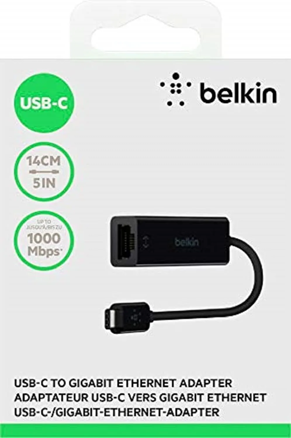 Belkin Type-C to RJ45 Gigabit Ethernet Network Adapter, RJ45 LAN Wired Adapter with 10/100/1000 Speed for Ultrabook, Chromebook, Laptop, Desktop and iPad, Plug & Play - Black