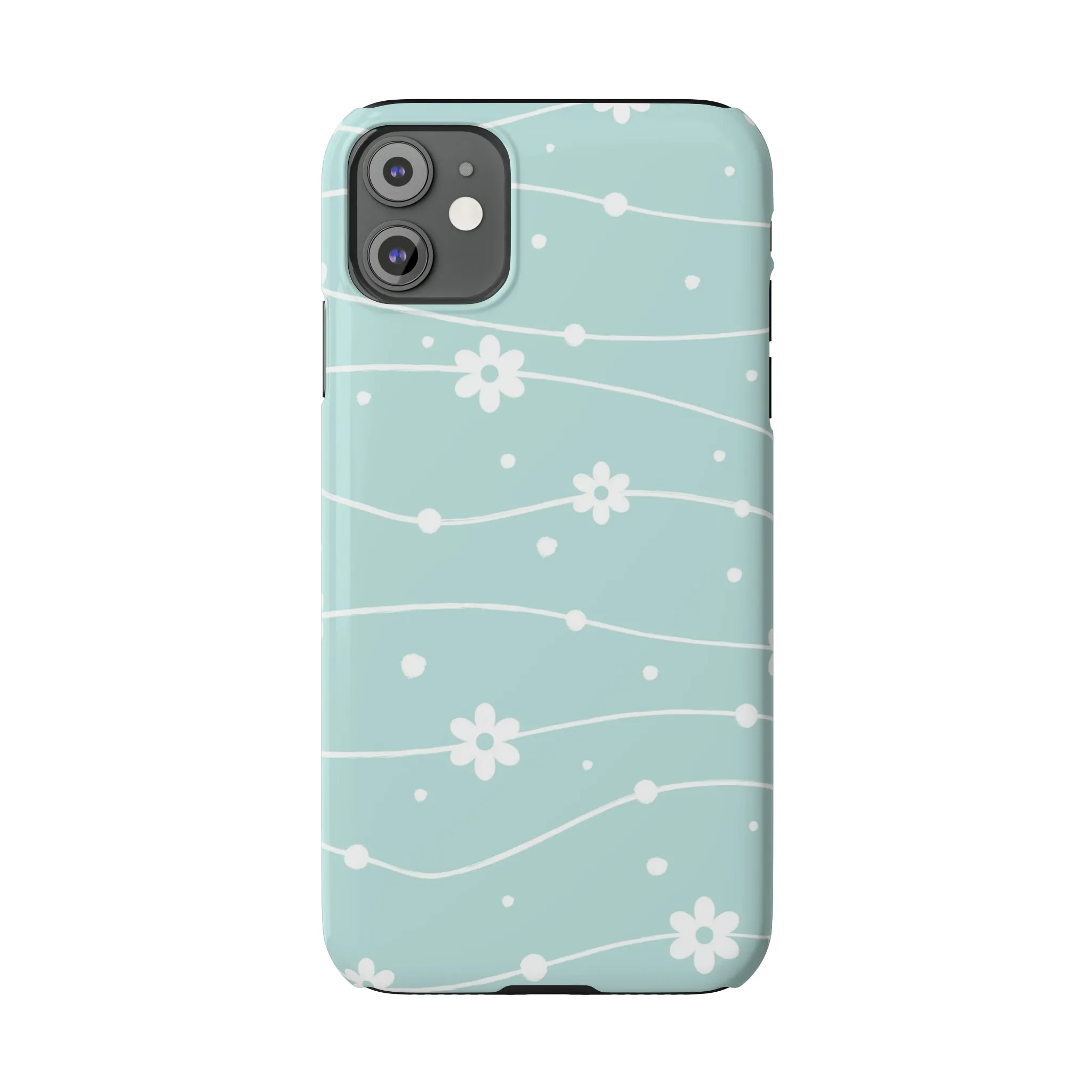 Blue background and White Daisies Polka Dots Design Sleek Elegance Wireless-Charging Compatible Phone Case Slim Phone Case compatible with over 20 iphone models