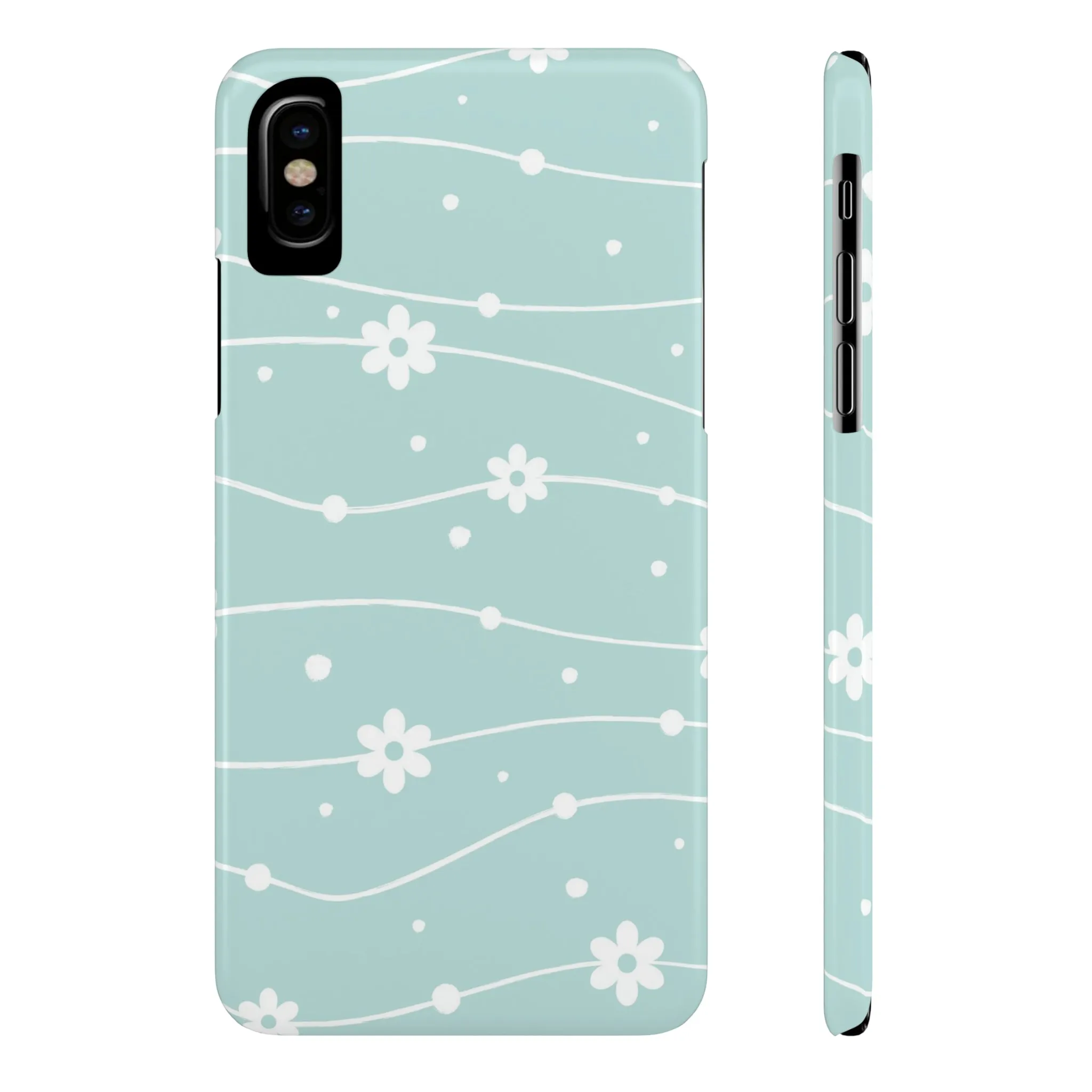 Blue background and White Daisies Polka Dots Design Sleek Elegance Wireless-Charging Compatible Phone Case Slim Phone Case compatible with over 20 iphone models