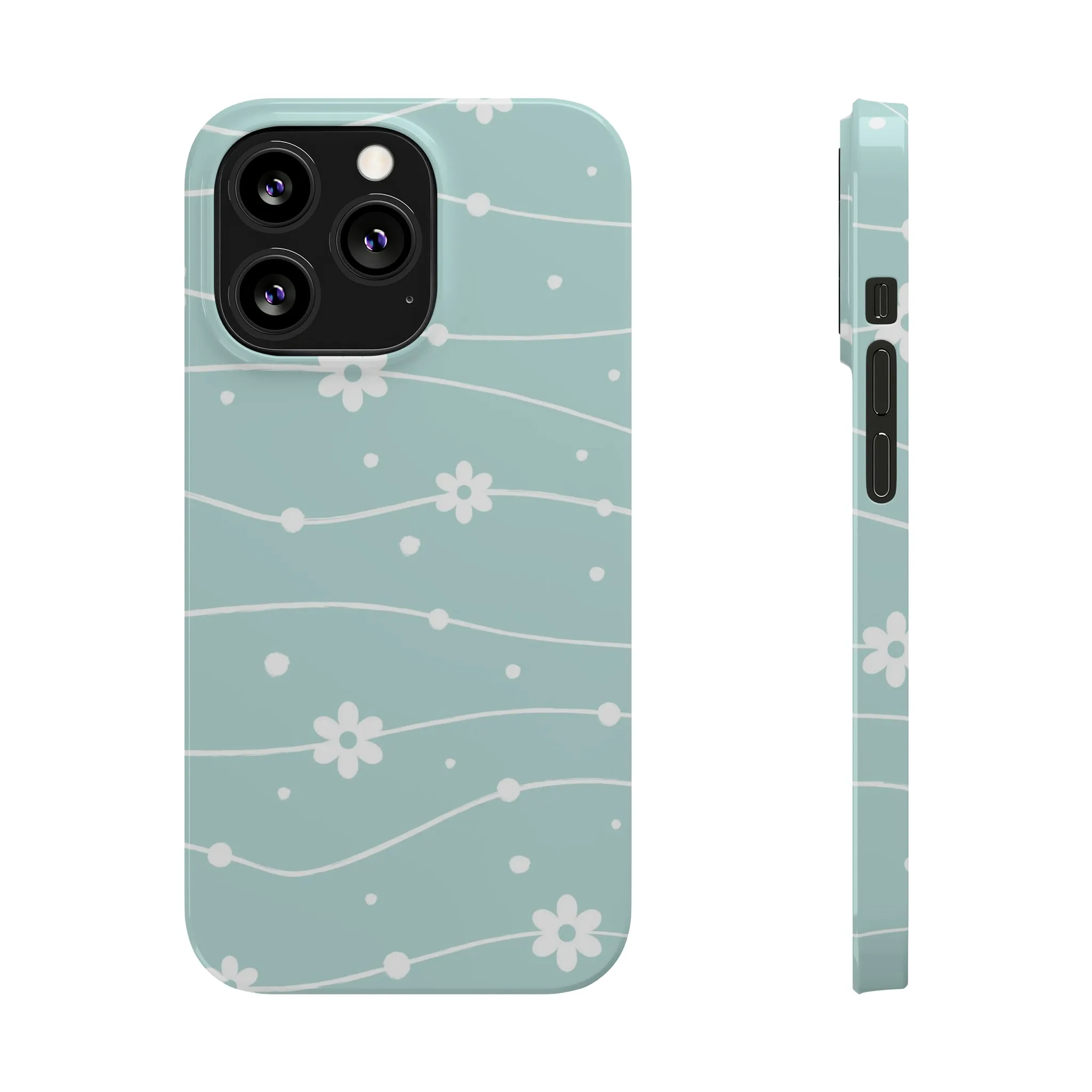 Blue background and White Daisies Polka Dots Design Sleek Elegance Wireless-Charging Compatible Phone Case Slim Phone Case compatible with over 20 iphone models