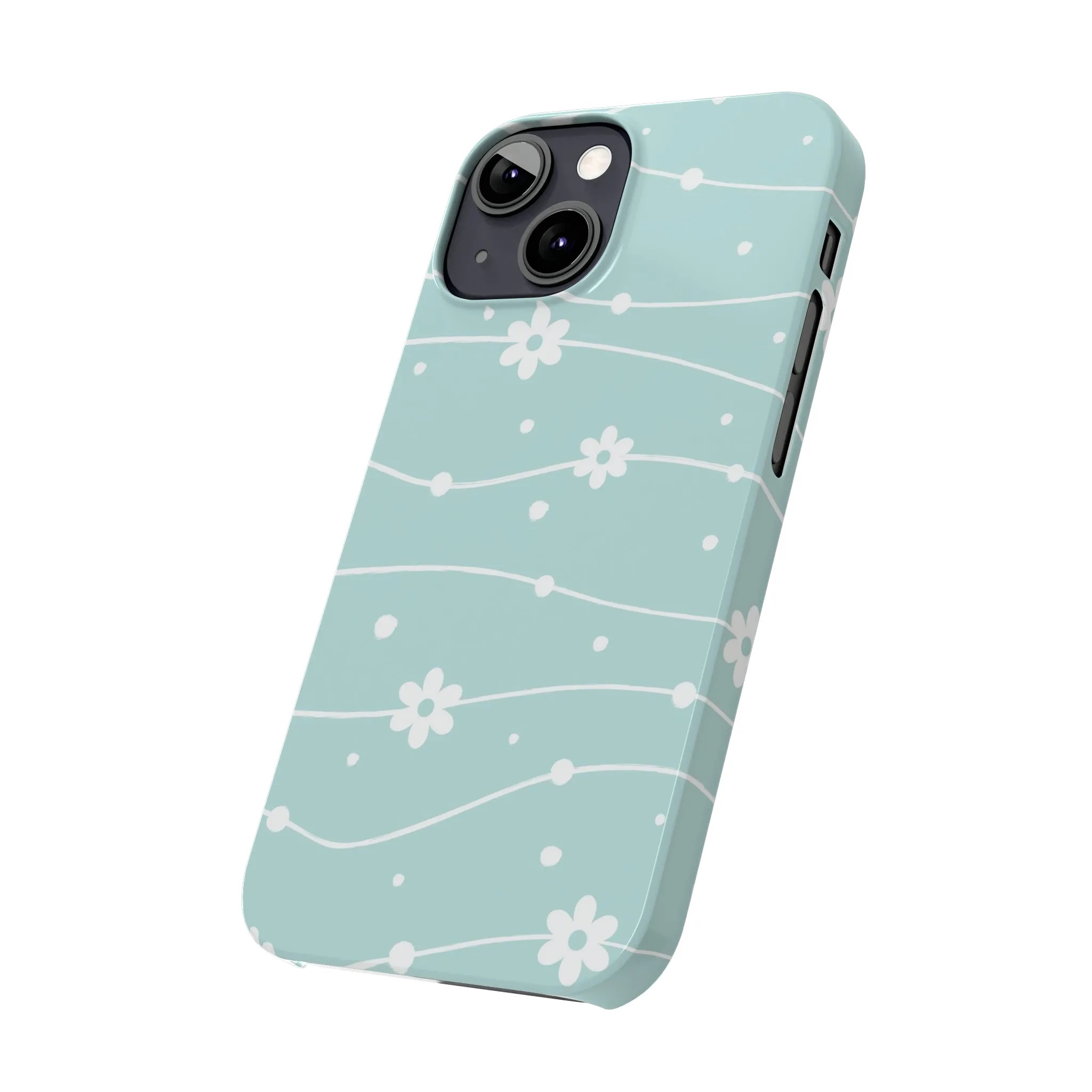 Blue background and White Daisies Polka Dots Design Sleek Elegance Wireless-Charging Compatible Phone Case Slim Phone Case compatible with over 20 iphone models