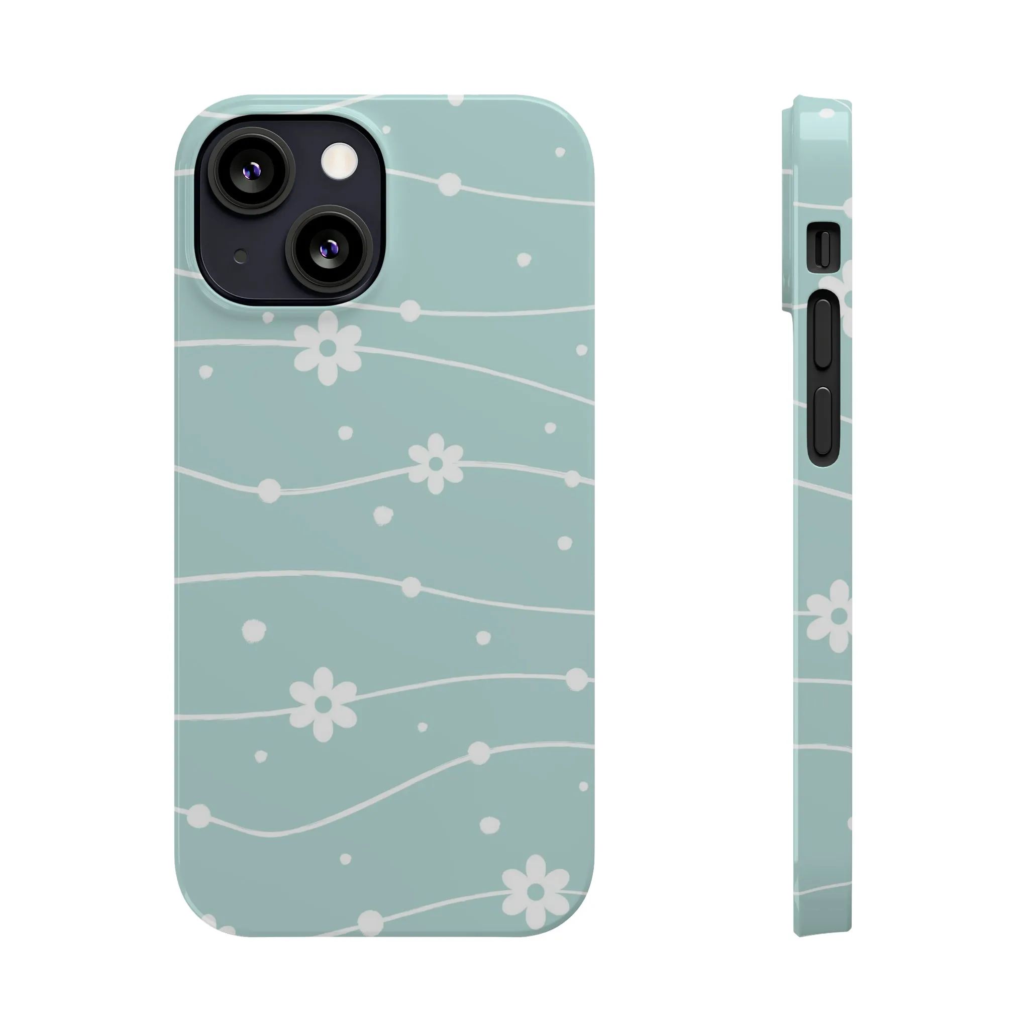 Blue background and White Daisies Polka Dots Design Sleek Elegance Wireless-Charging Compatible Phone Case Slim Phone Case compatible with over 20 iphone models