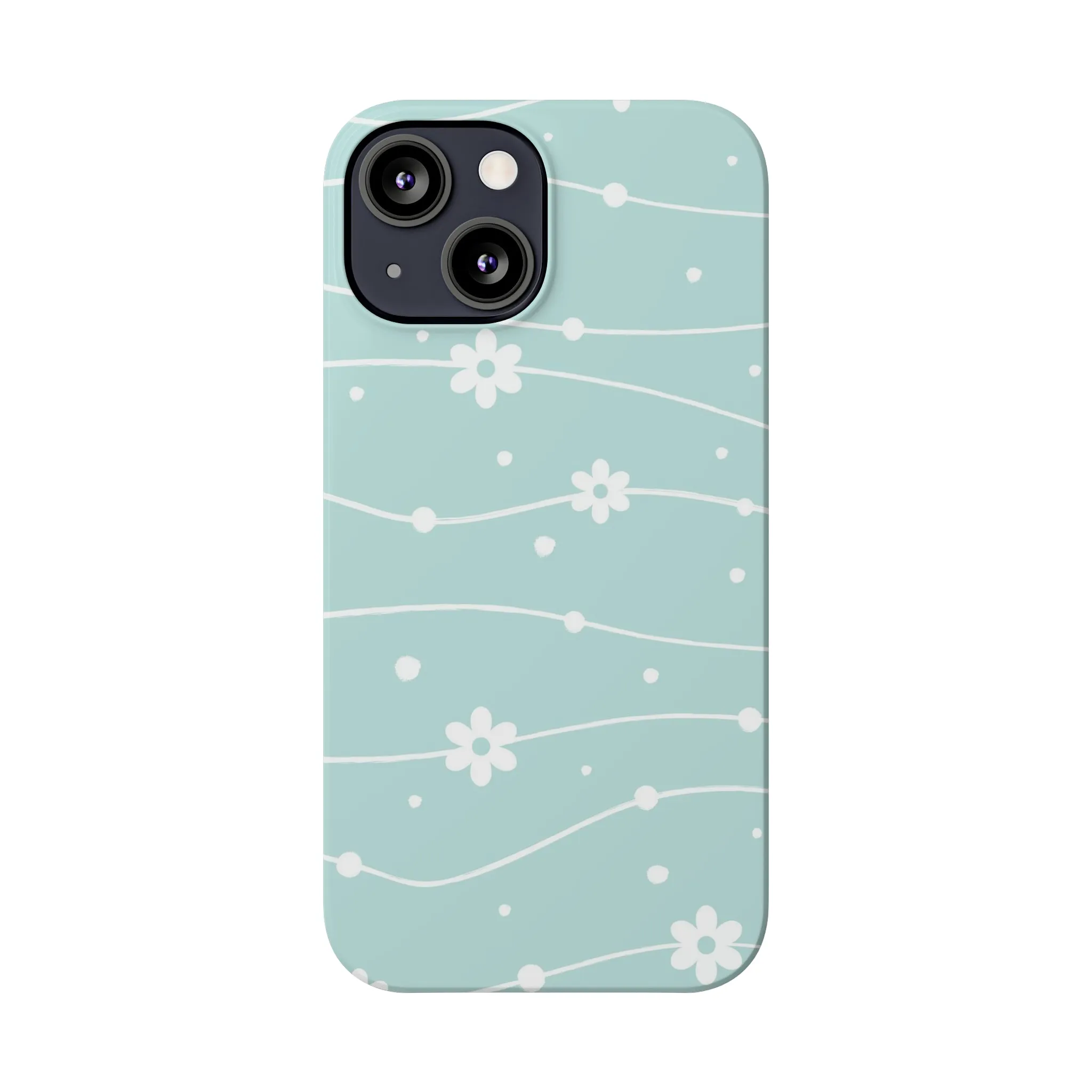 Blue background and White Daisies Polka Dots Design Sleek Elegance Wireless-Charging Compatible Phone Case Slim Phone Case compatible with over 20 iphone models