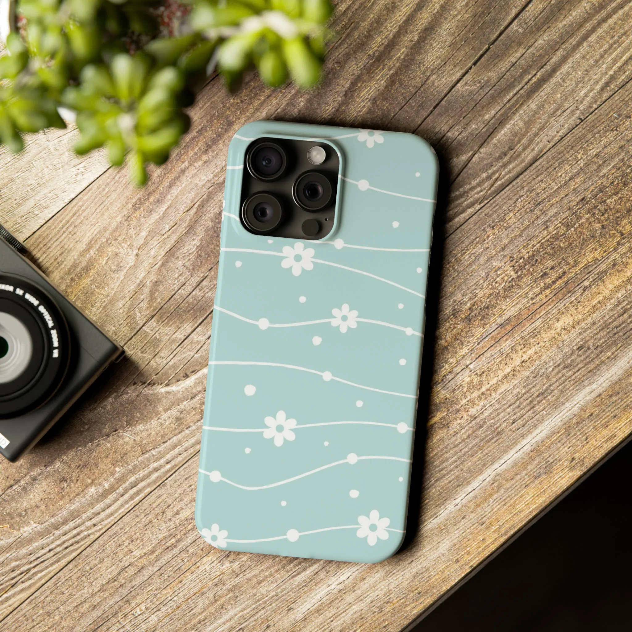 Blue background and White Daisies Polka Dots Design Sleek Elegance Wireless-Charging Compatible Phone Case Slim Phone Case compatible with over 20 iphone models