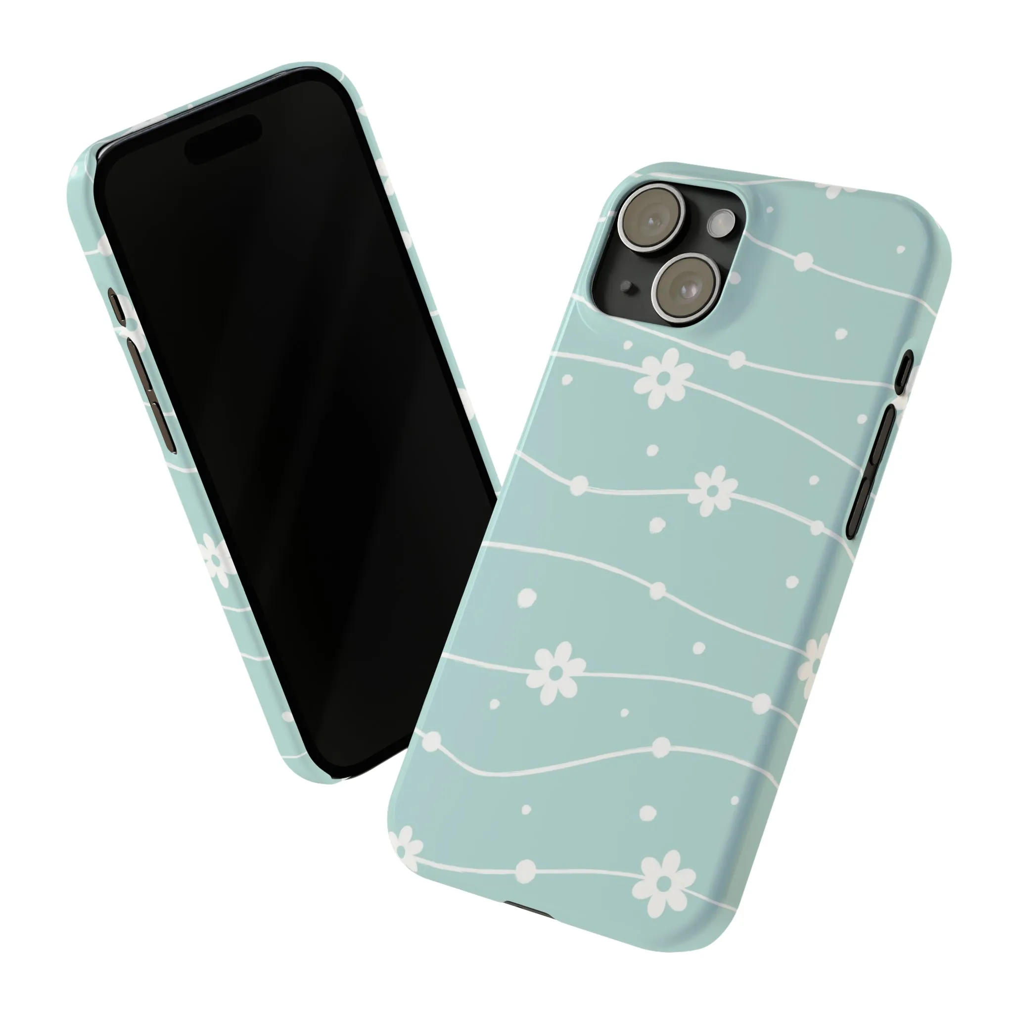 Blue background and White Daisies Polka Dots Design Sleek Elegance Wireless-Charging Compatible Phone Case Slim Phone Case compatible with over 20 iphone models