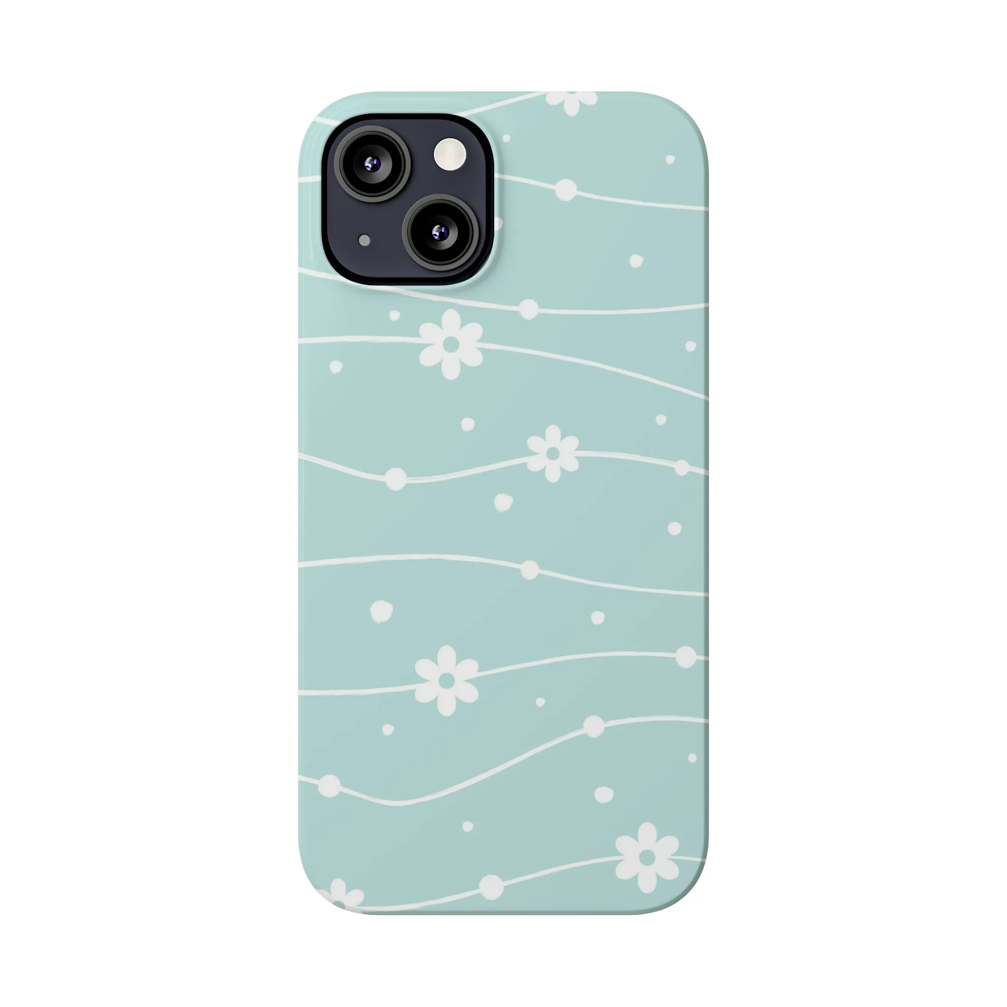 Blue background and White Daisies Polka Dots Design Sleek Elegance Wireless-Charging Compatible Phone Case Slim Phone Case compatible with over 20 iphone models