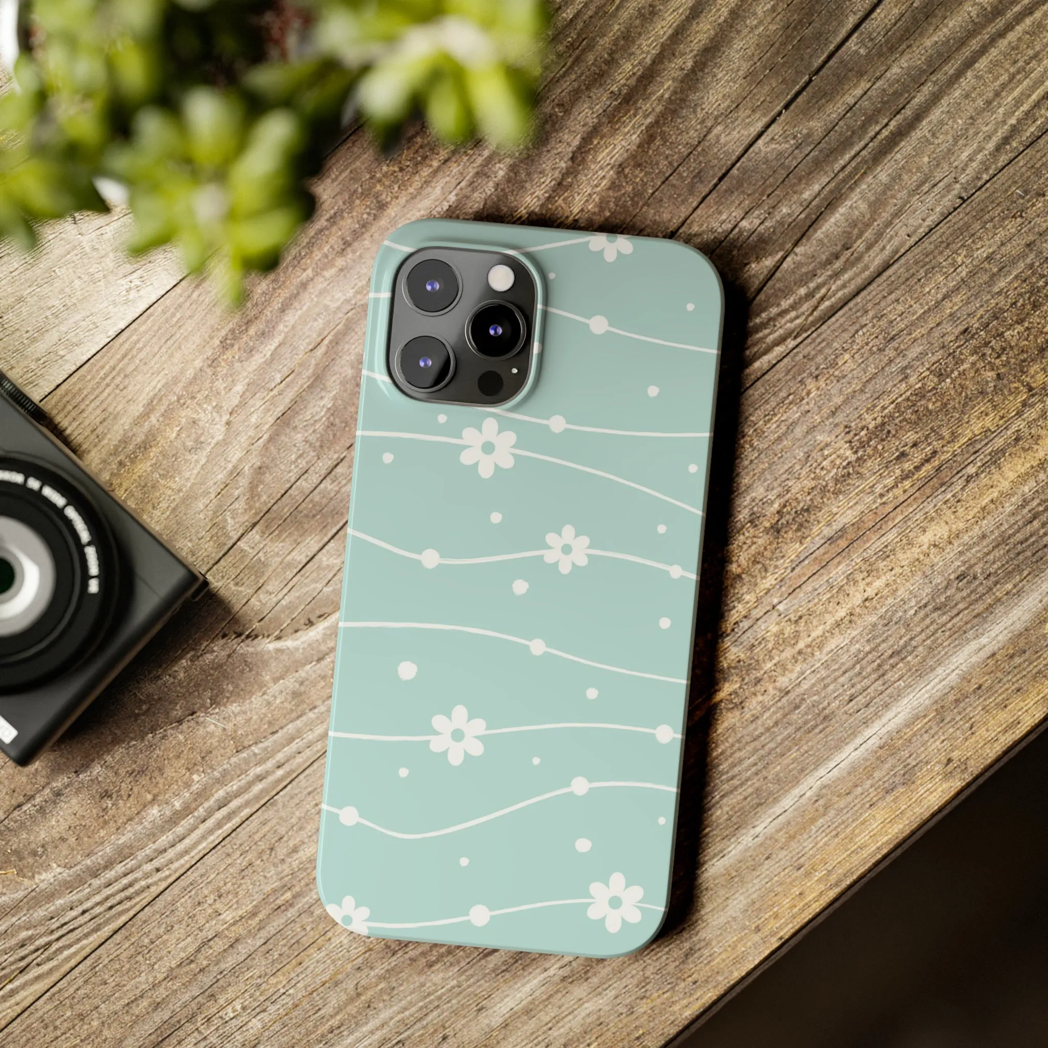 Blue background and White Daisies Polka Dots Design Sleek Elegance Wireless-Charging Compatible Phone Case Slim Phone Case compatible with over 20 iphone models