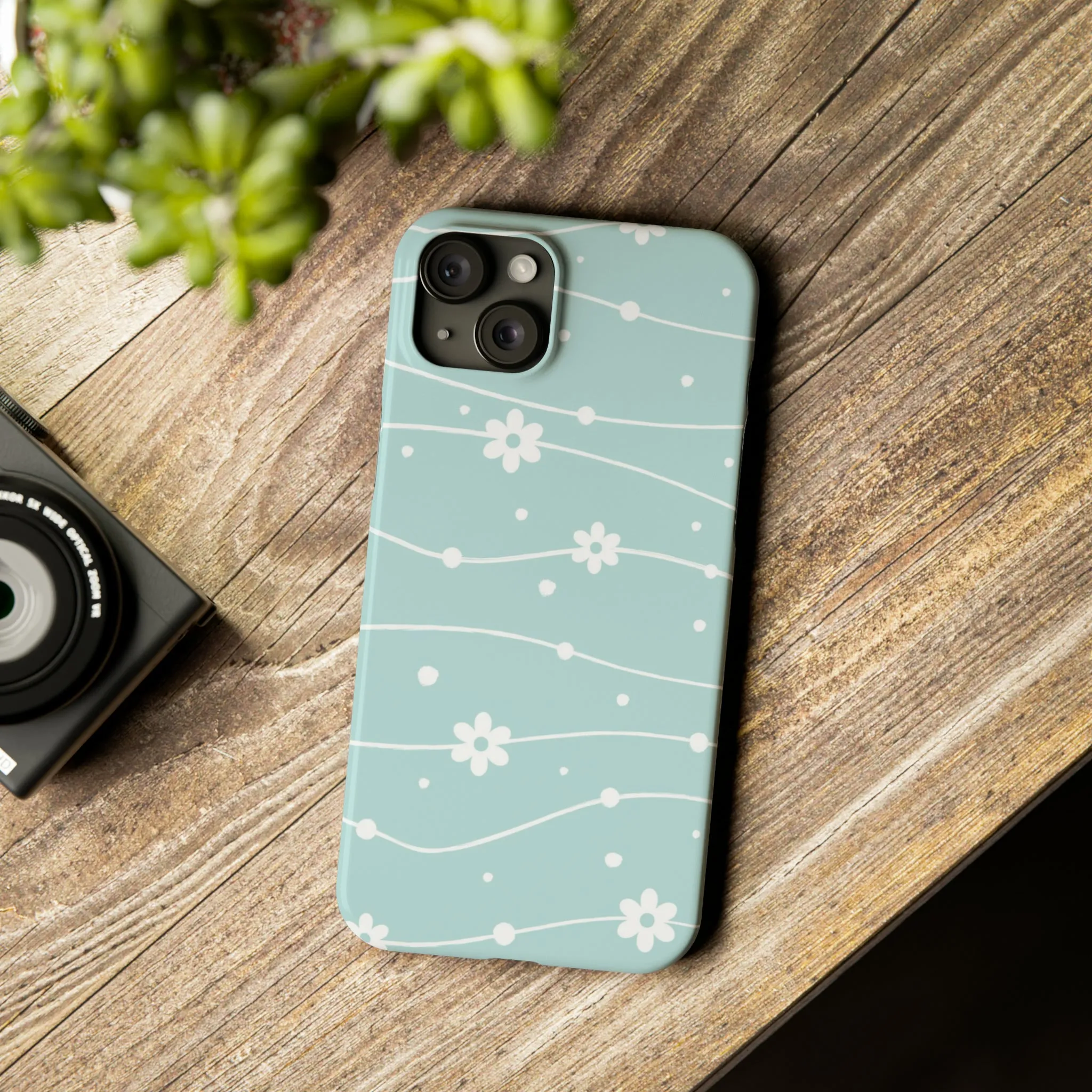 Blue background and White Daisies Polka Dots Design Sleek Elegance Wireless-Charging Compatible Phone Case Slim Phone Case compatible with over 20 iphone models