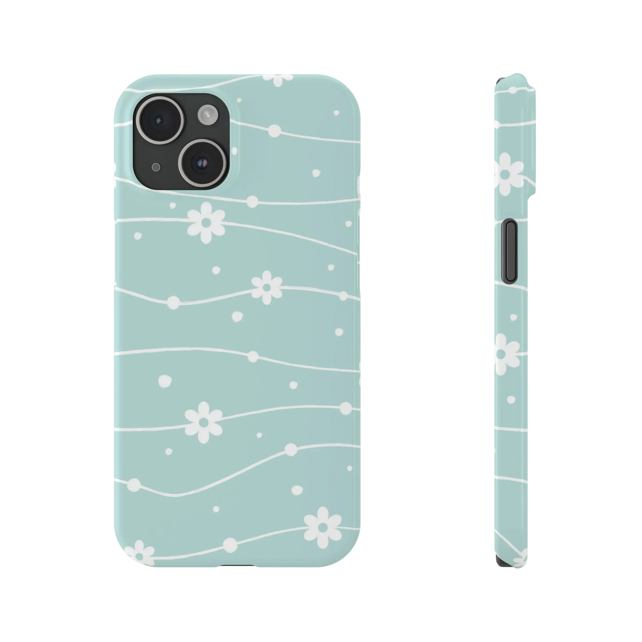 Blue background and White Daisies Polka Dots Design Sleek Elegance Wireless-Charging Compatible Phone Case Slim Phone Case compatible with over 20 iphone models