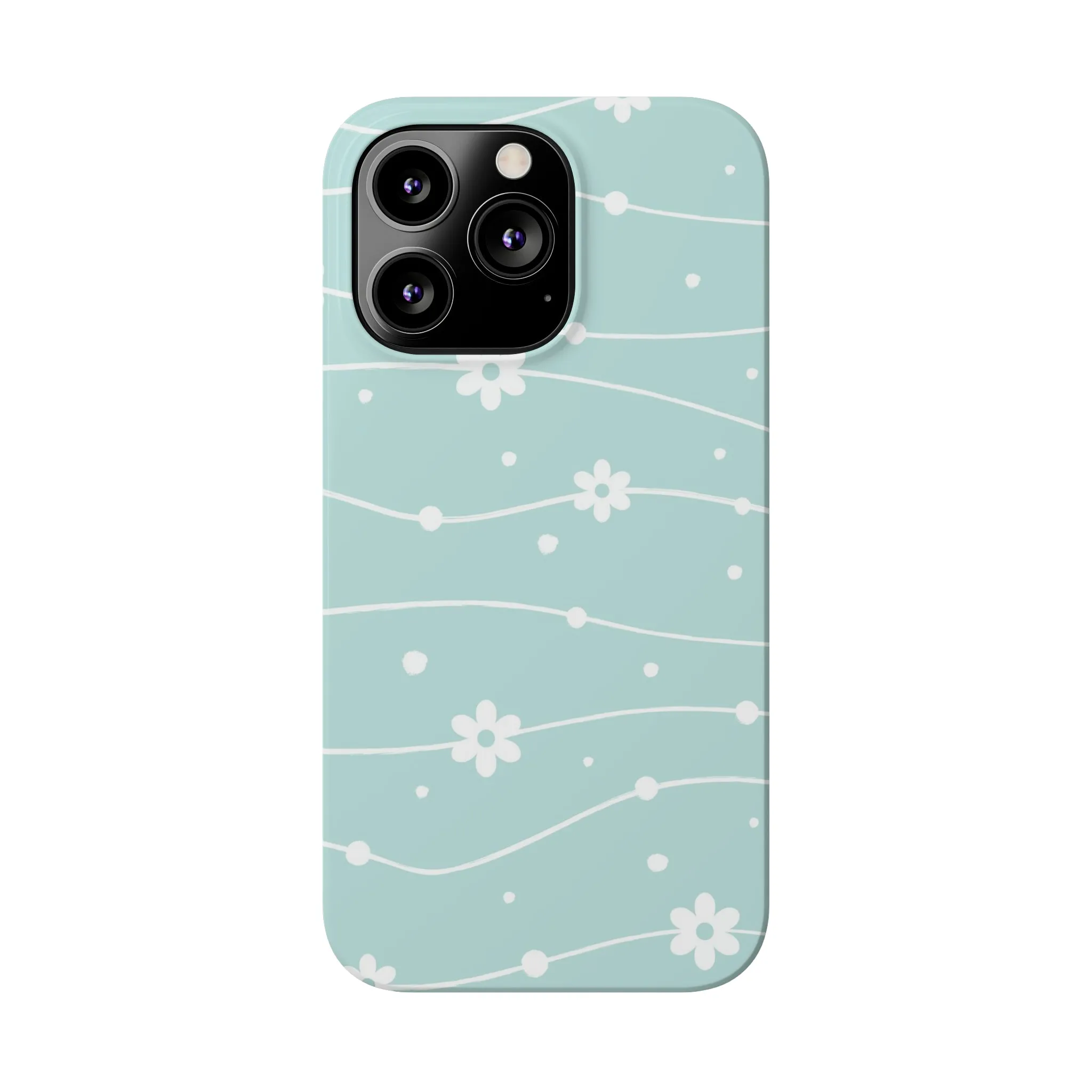 Blue background and White Daisies Polka Dots Design Sleek Elegance Wireless-Charging Compatible Phone Case Slim Phone Case compatible with over 20 iphone models