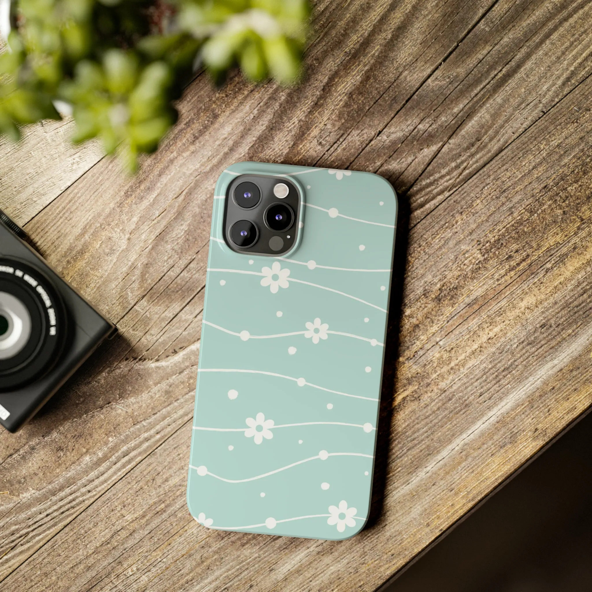 Blue background and White Daisies Polka Dots Design Sleek Elegance Wireless-Charging Compatible Phone Case Slim Phone Case compatible with over 20 iphone models