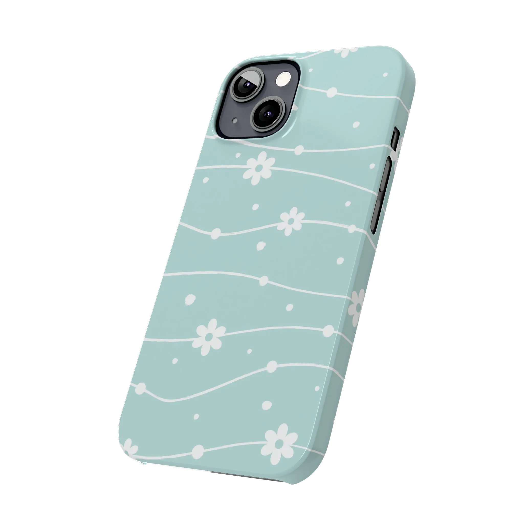 Blue background and White Daisies Polka Dots Design Sleek Elegance Wireless-Charging Compatible Phone Case Slim Phone Case compatible with over 20 iphone models