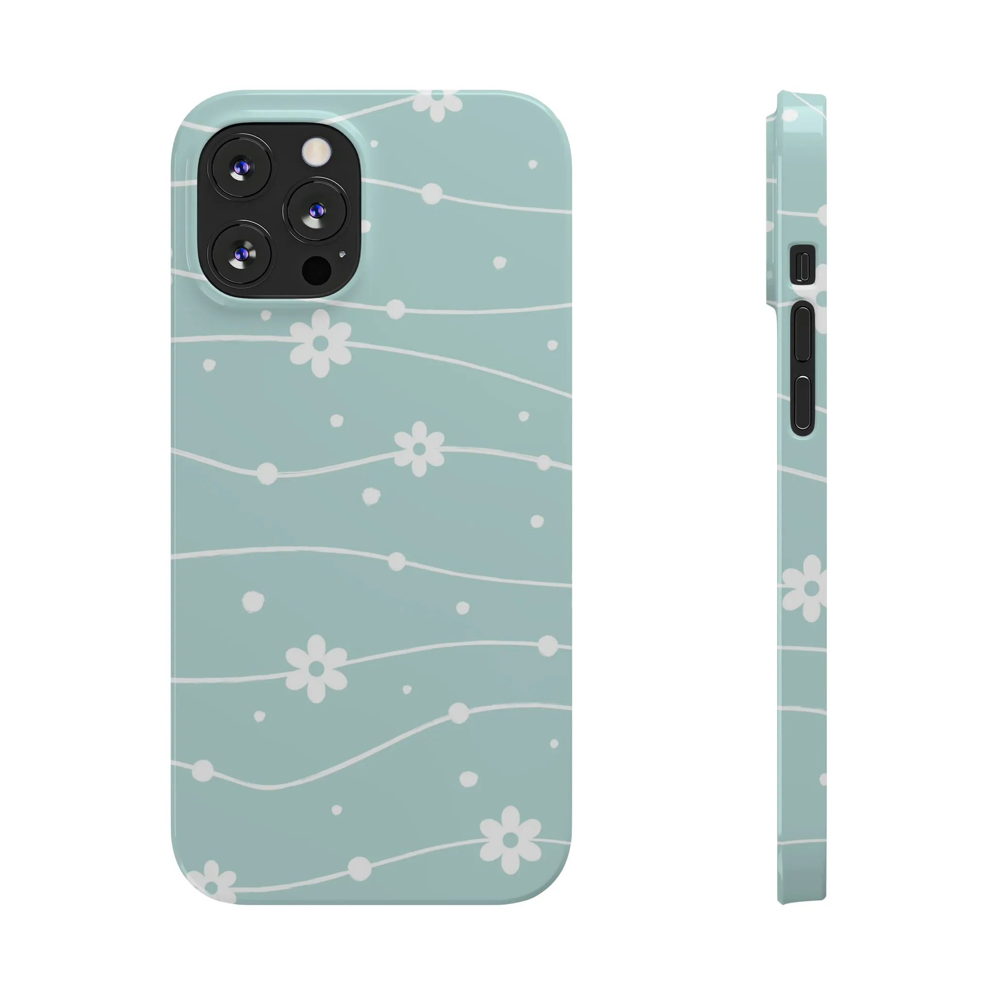 Blue background and White Daisies Polka Dots Design Sleek Elegance Wireless-Charging Compatible Phone Case Slim Phone Case compatible with over 20 iphone models