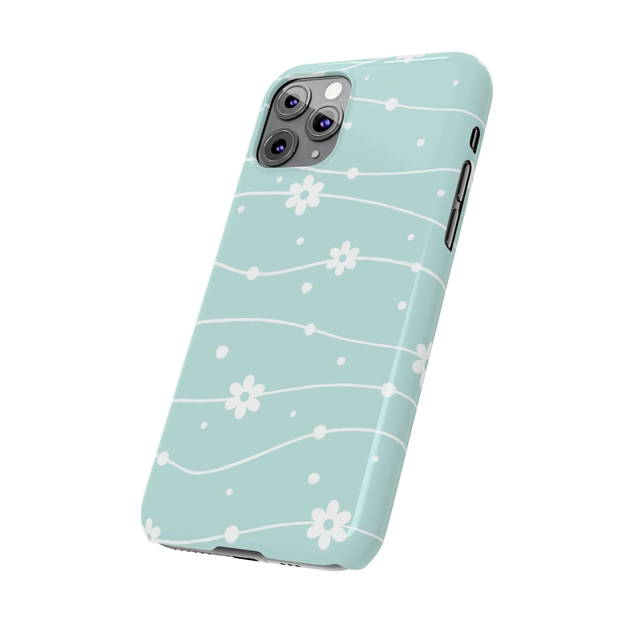 Blue background and White Daisies Polka Dots Design Sleek Elegance Wireless-Charging Compatible Phone Case Slim Phone Case compatible with over 20 iphone models