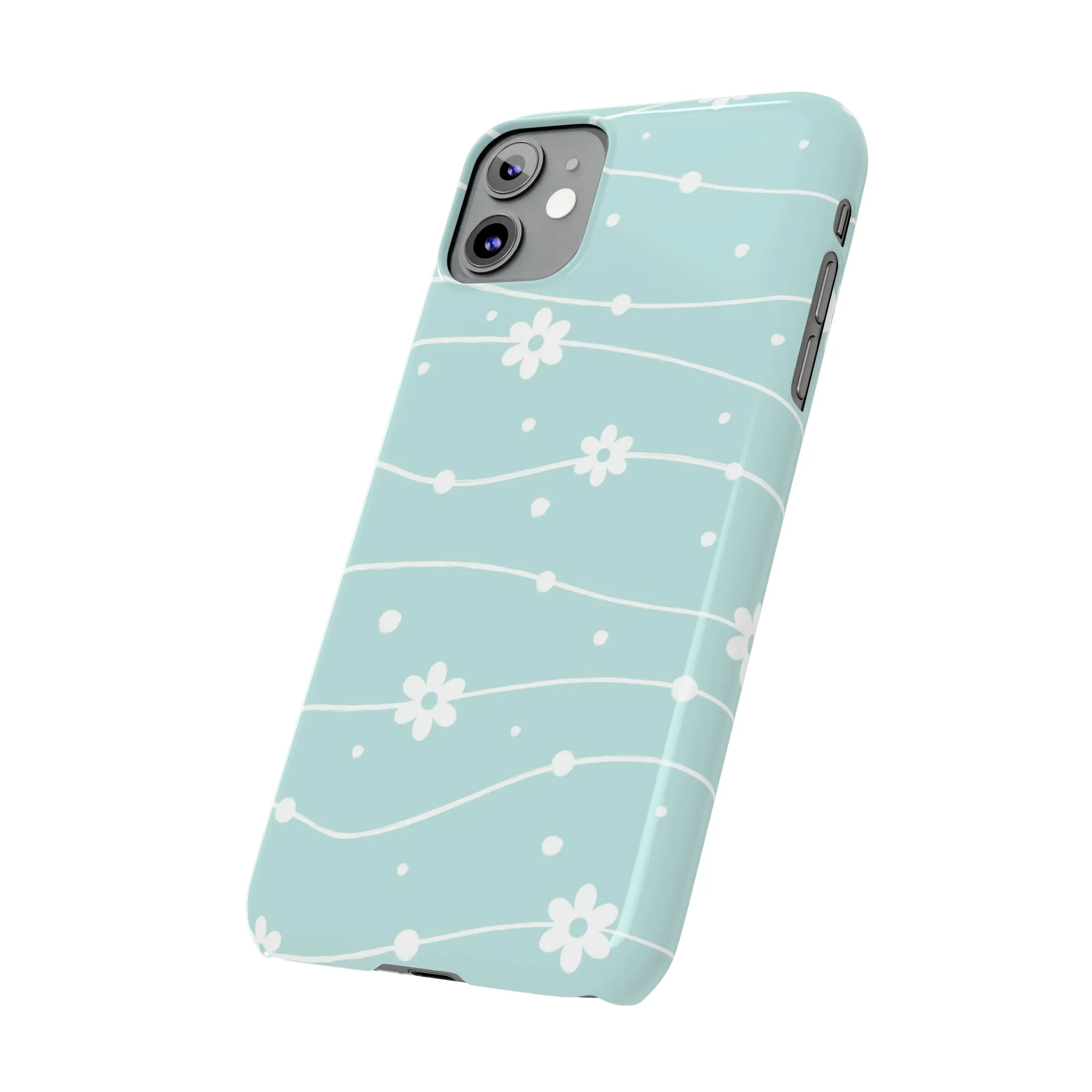 Blue background and White Daisies Polka Dots Design Sleek Elegance Wireless-Charging Compatible Phone Case Slim Phone Case compatible with over 20 iphone models