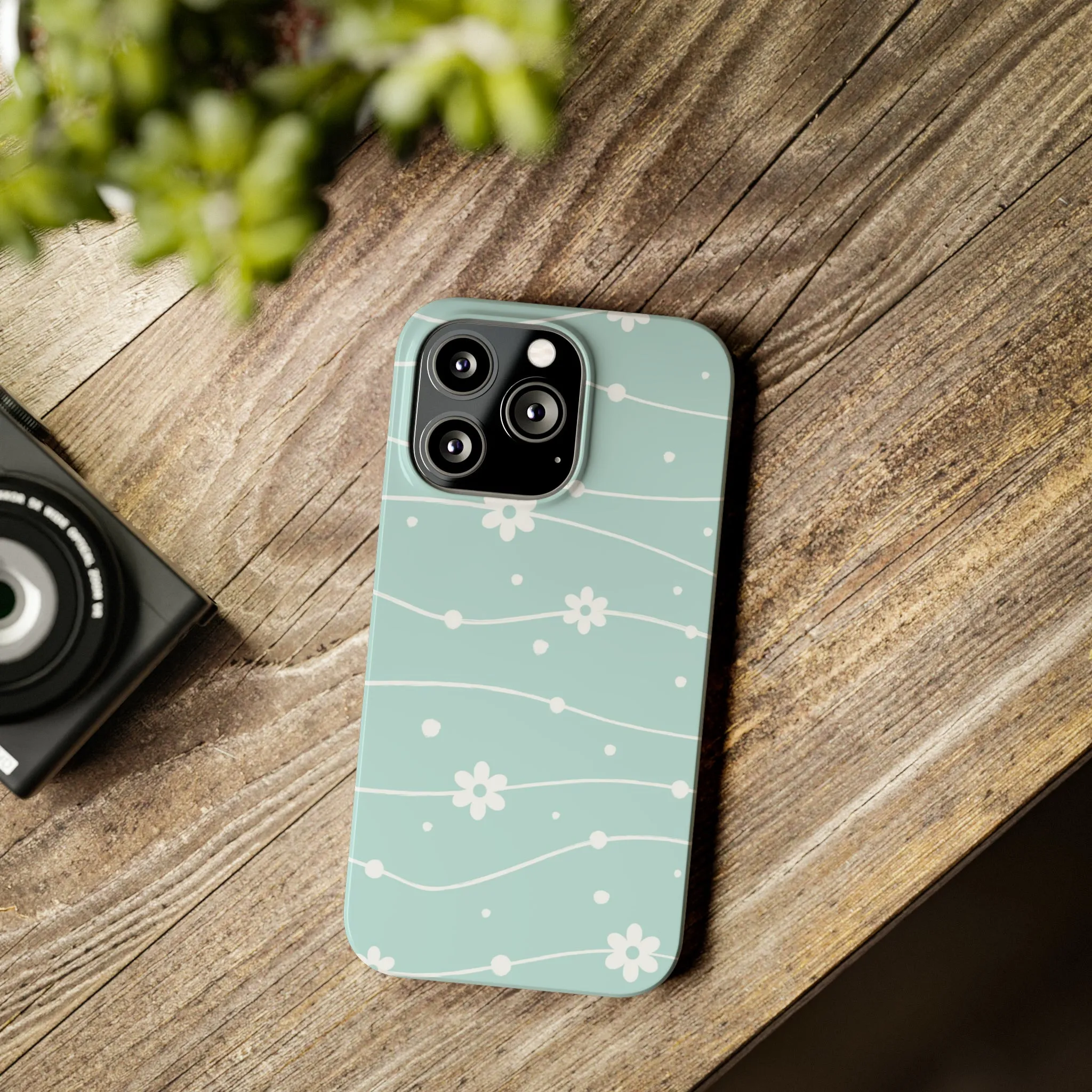 Blue background and White Daisies Polka Dots Design Sleek Elegance Wireless-Charging Compatible Phone Case Slim Phone Case compatible with over 20 iphone models