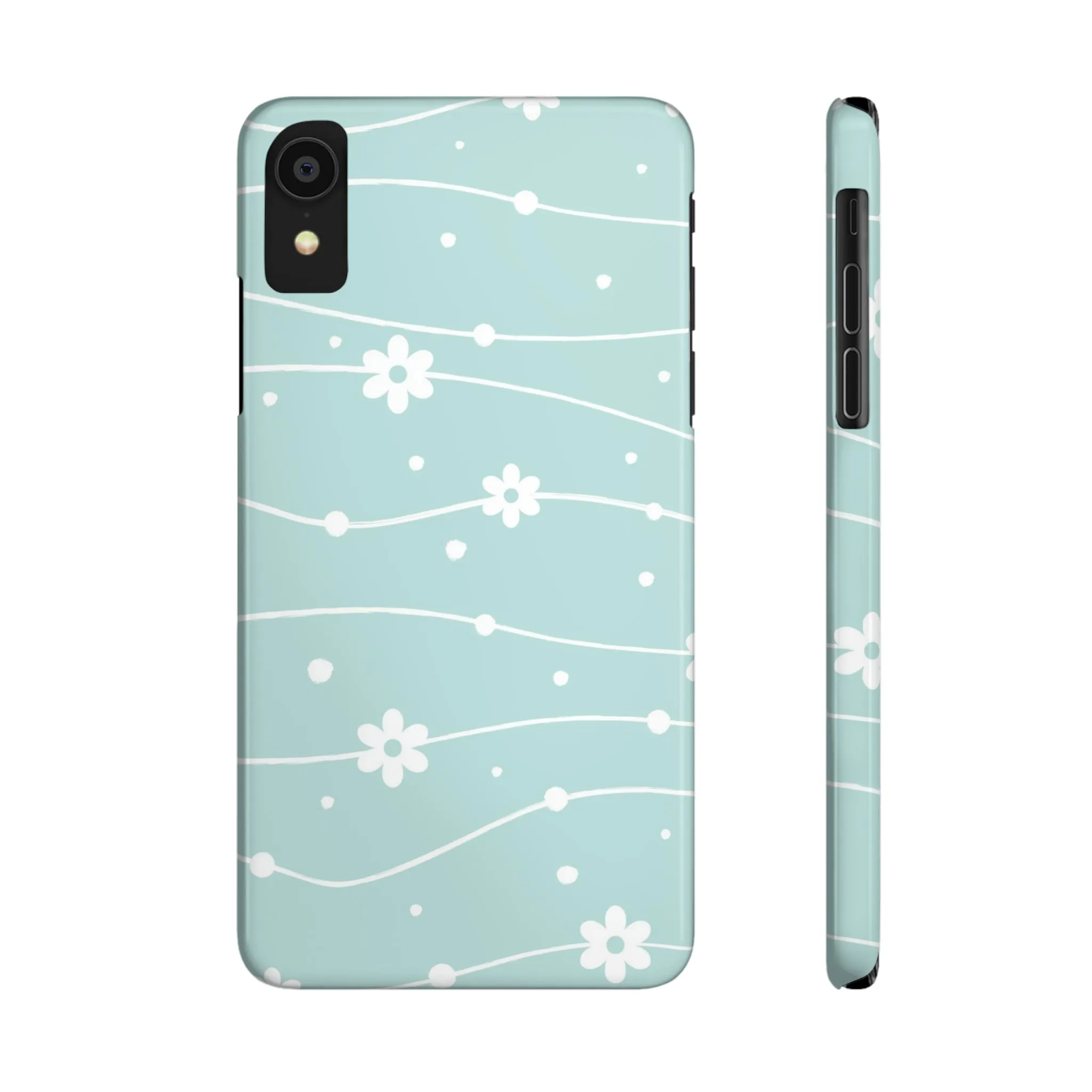 Blue background and White Daisies Polka Dots Design Sleek Elegance Wireless-Charging Compatible Phone Case Slim Phone Case compatible with over 20 iphone models