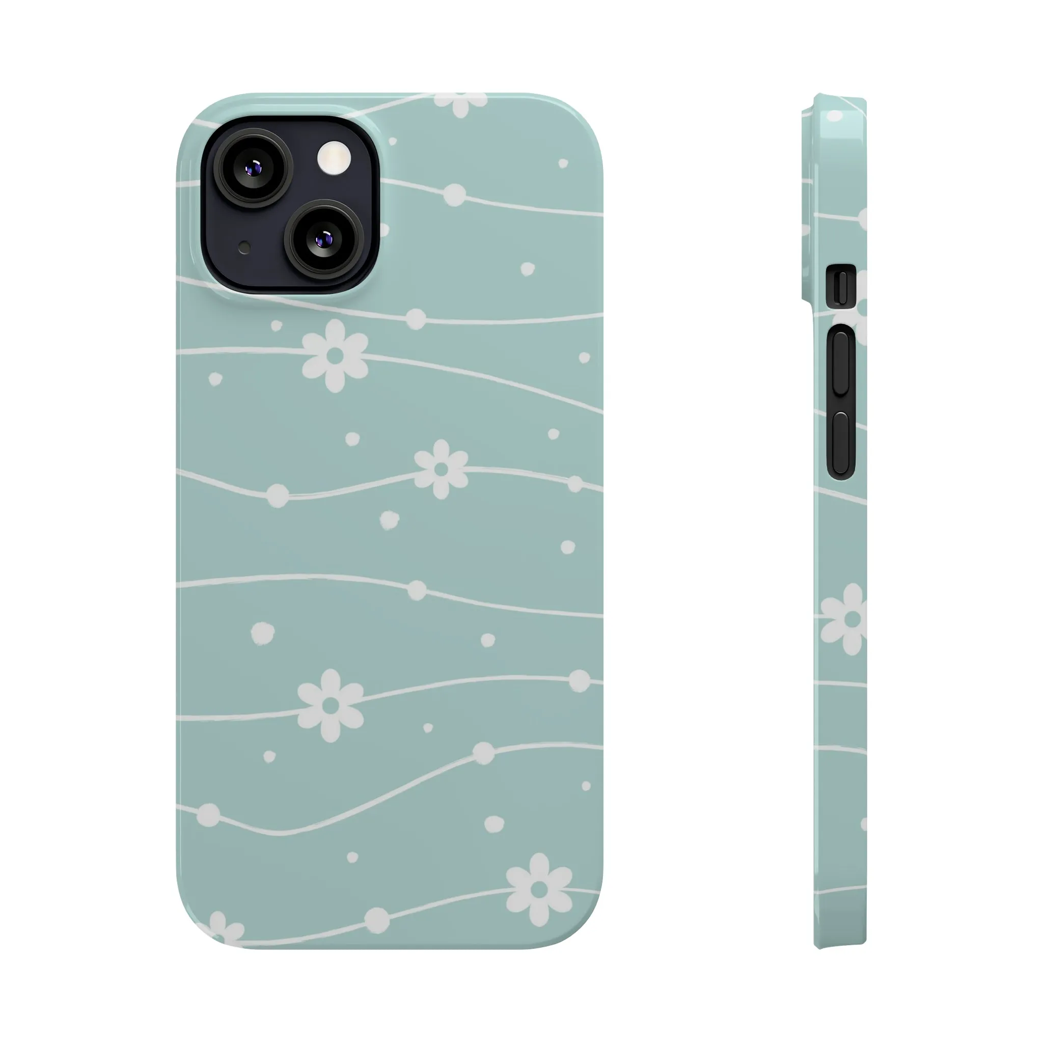 Blue background and White Daisies Polka Dots Design Sleek Elegance Wireless-Charging Compatible Phone Case Slim Phone Case compatible with over 20 iphone models