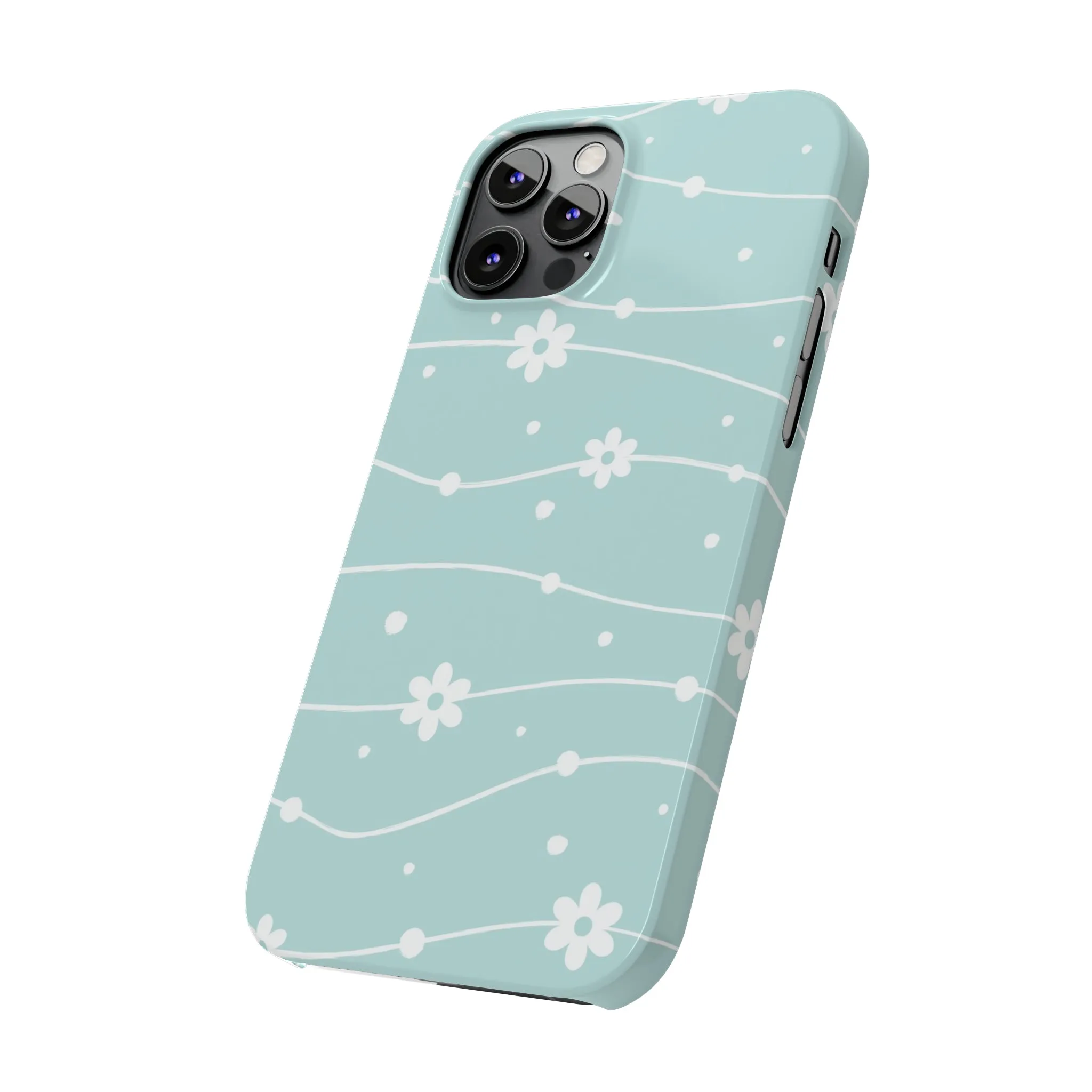 Blue background and White Daisies Polka Dots Design Sleek Elegance Wireless-Charging Compatible Phone Case Slim Phone Case compatible with over 20 iphone models