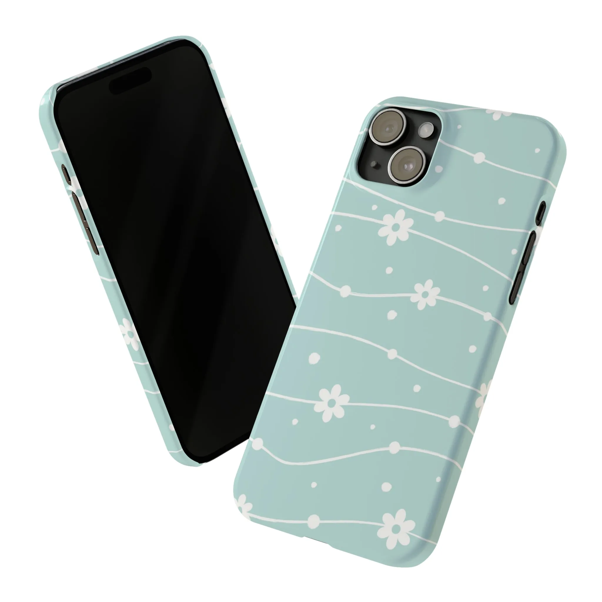 Blue background and White Daisies Polka Dots Design Sleek Elegance Wireless-Charging Compatible Phone Case Slim Phone Case compatible with over 20 iphone models