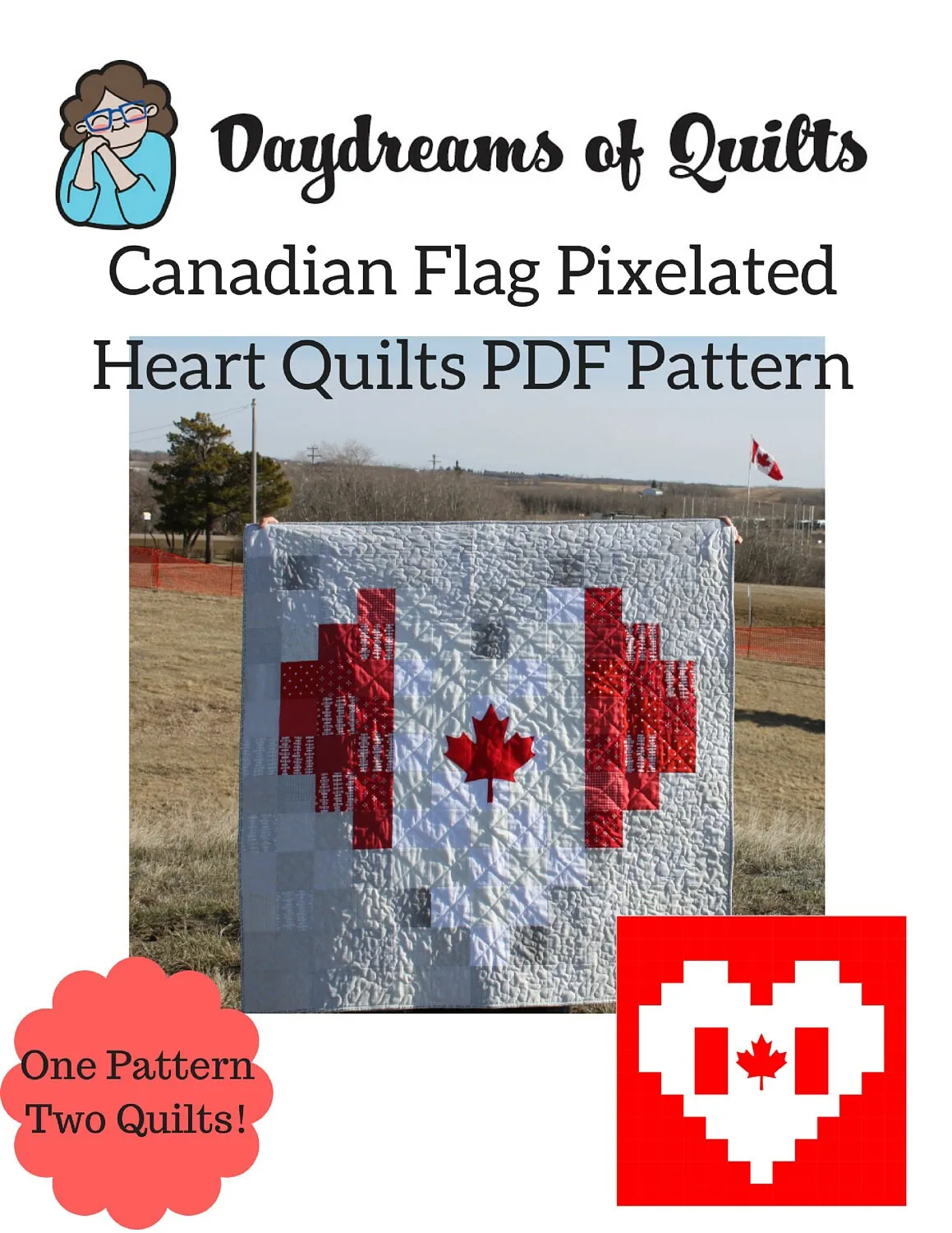 Canadian Flag Pixelated Heart Quilts PDF Quilt Pattern, Canada Day