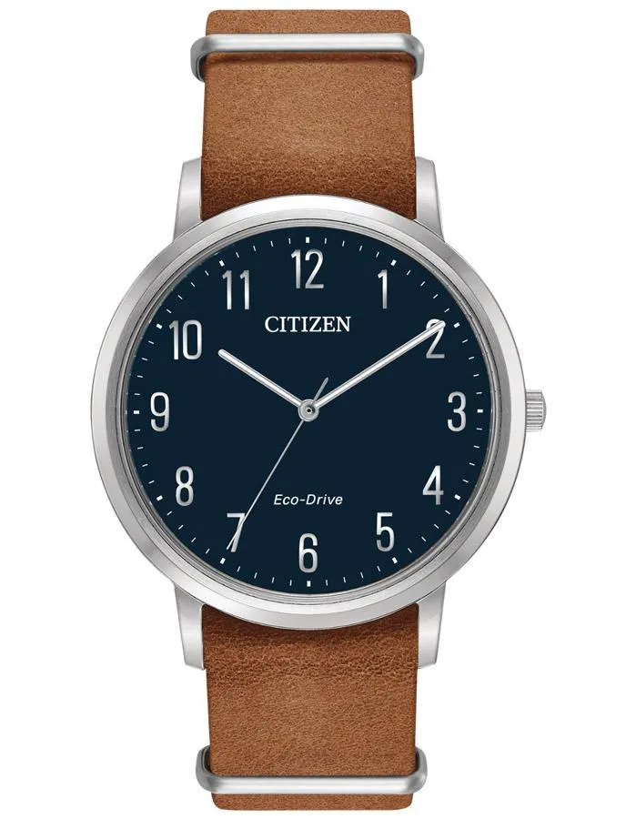 Citizen Mens Chandler Eco-Drive Watch -  Navy Blue Dial - Leather Strap - 50m