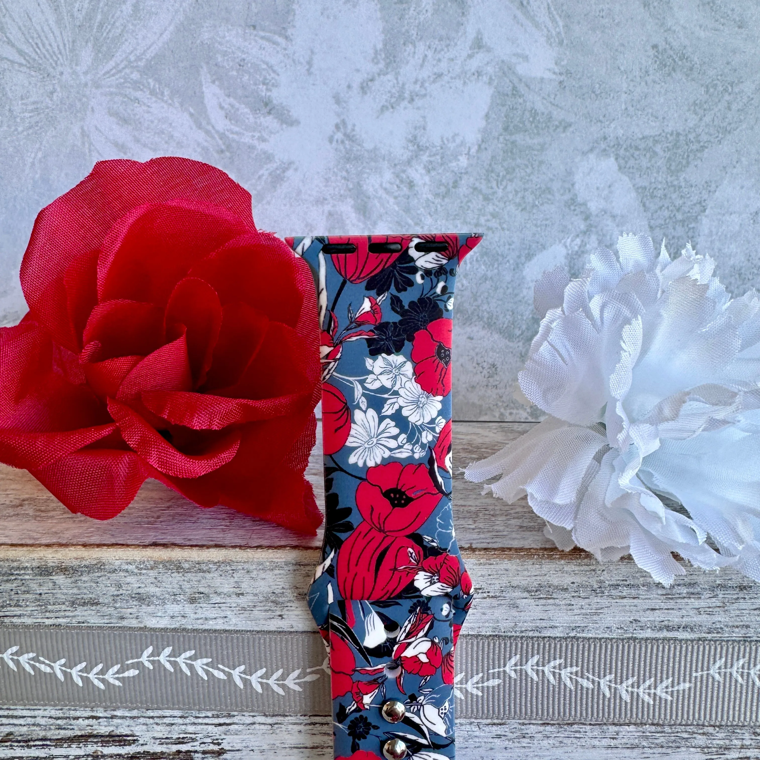 Crimson Botanical Delight Print Silicone Band For Apple Watch