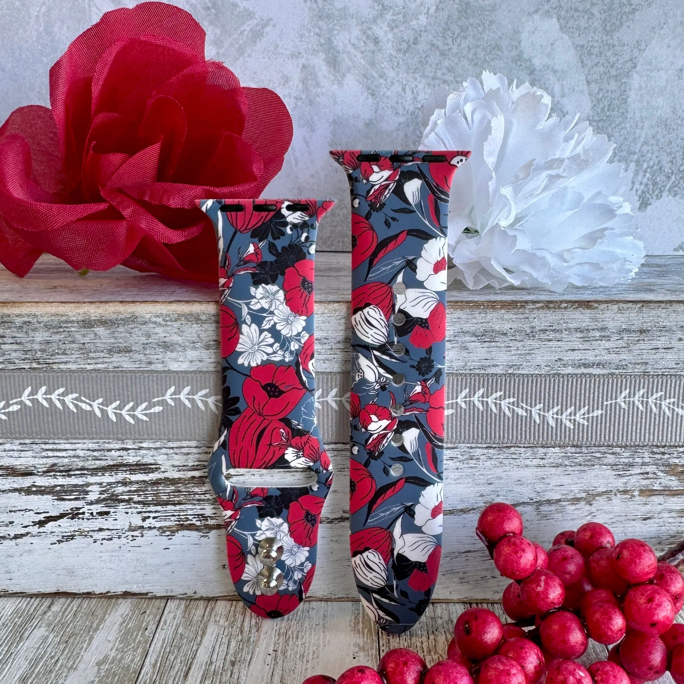 Crimson Botanical Delight Print Silicone Band For Apple Watch