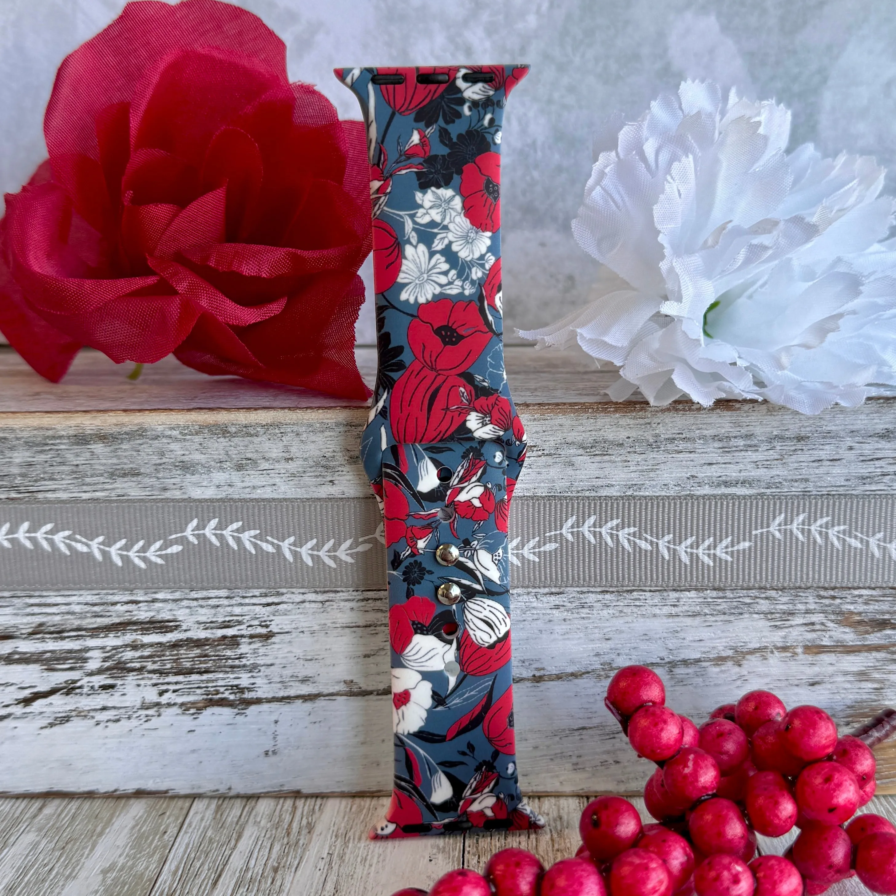 Crimson Botanical Delight Print Silicone Band For Apple Watch