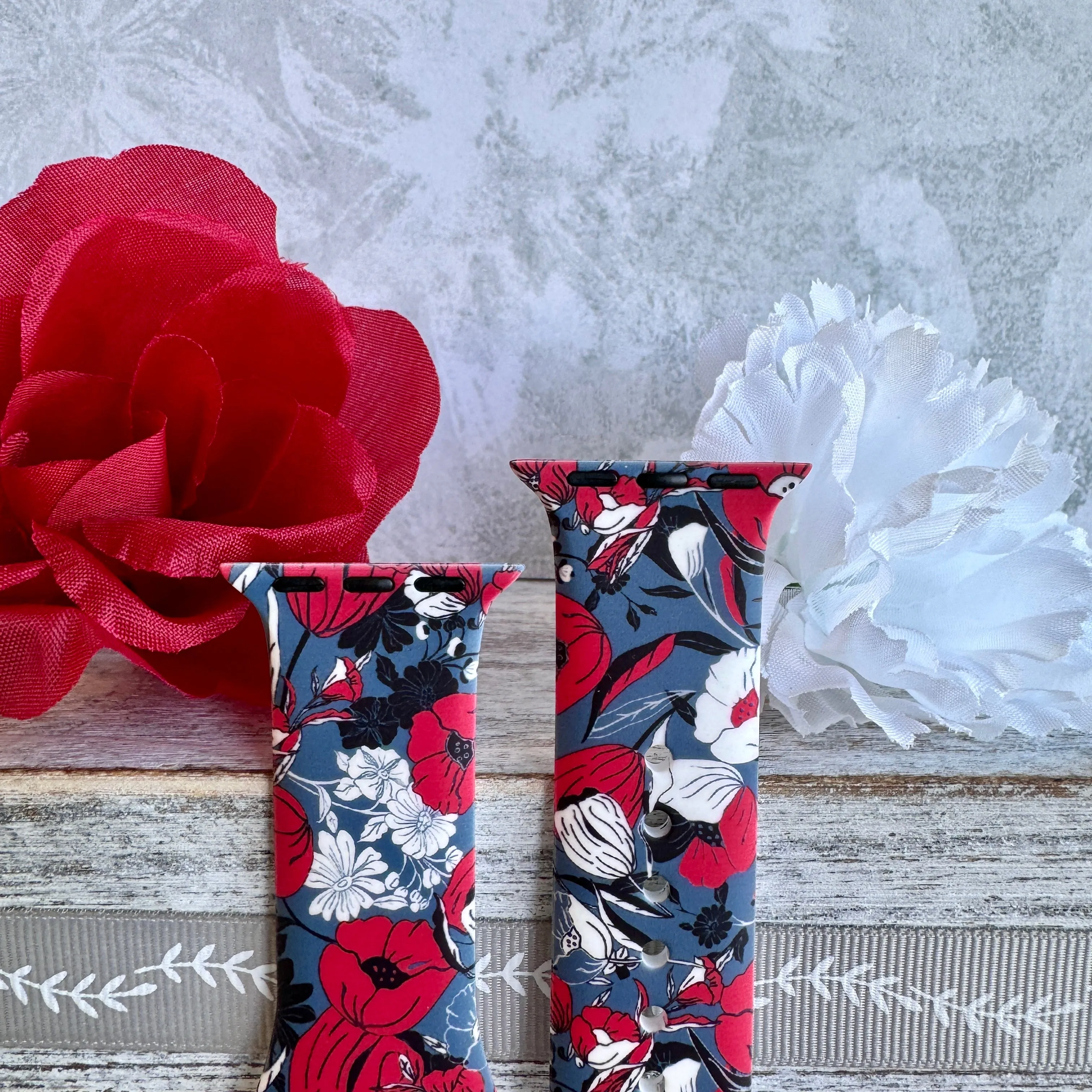 Crimson Botanical Delight Print Silicone Band For Apple Watch