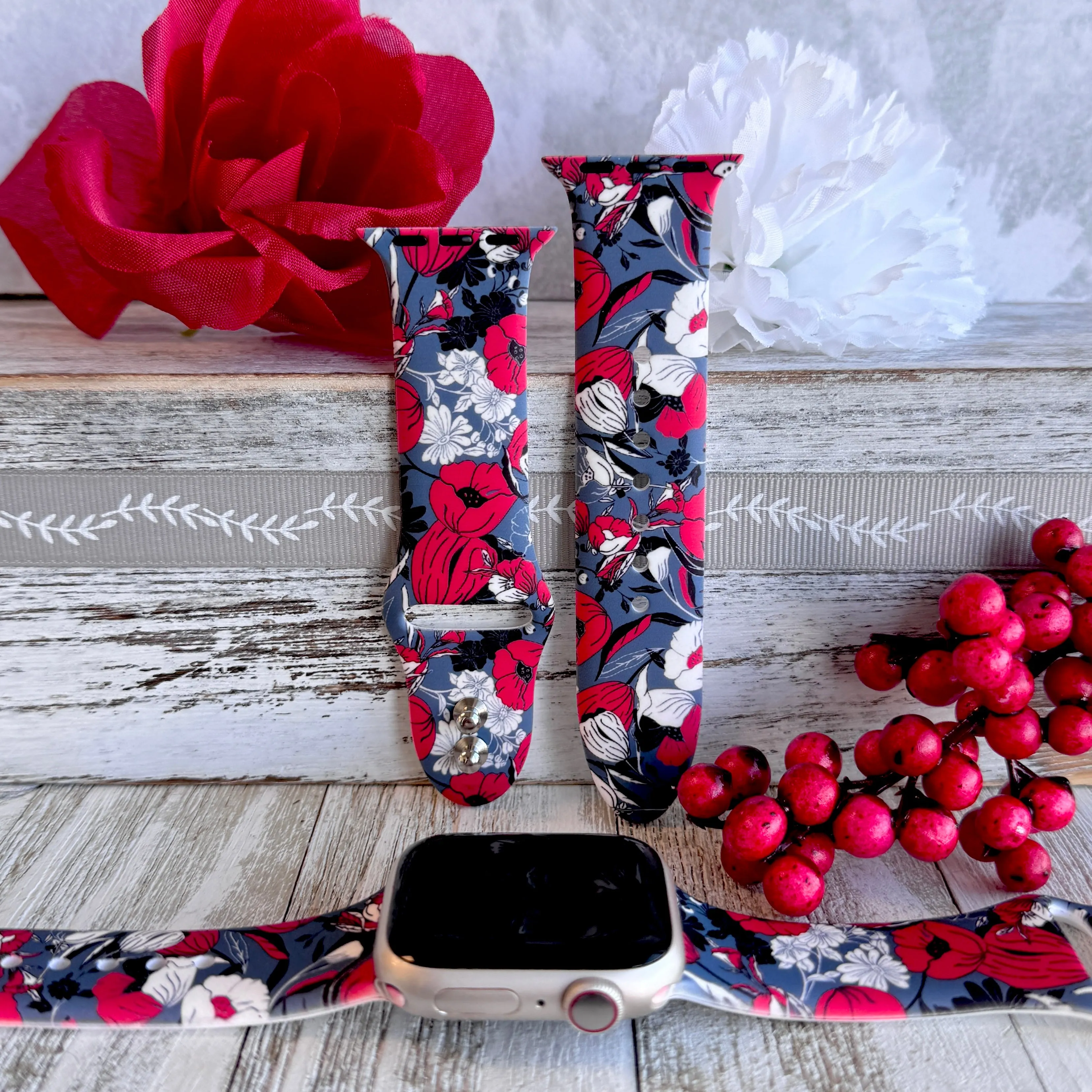 Crimson Botanical Delight Print Silicone Band For Apple Watch