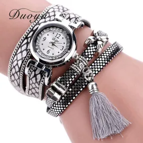 Duoya Brand Fashion Watch Women Classic Bracelet Silver Original Design Tassel Pendant Wristwatches Leather Vintage Quartz Watch