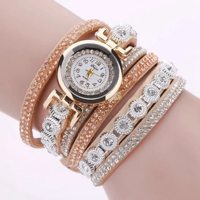 Duoya Brand Women Bracelet Watch 2016 Crystal Round Dial Luxury Wrist Watch For Women Dress Gold Ladies Leather Clock Watch