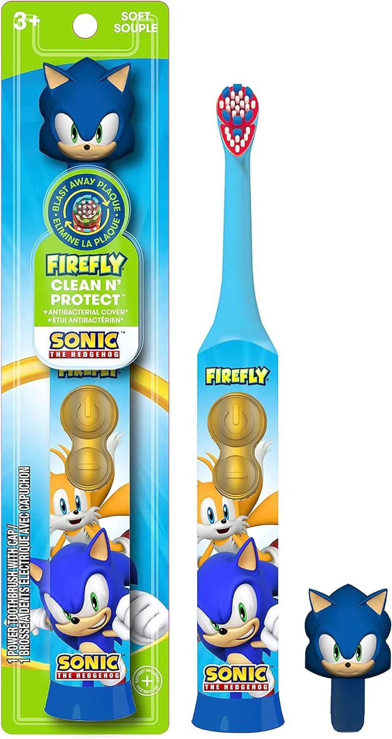 FIREFLY Clean N' Protect, Sonic The Hedgehog Toothbrush with 3D hygienic Cover, Premium Soft Bristles, Anti-Slip Grip Handle, Battery Included, Ages 3 