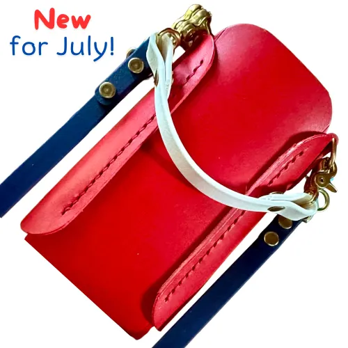 Heavy Italian Bright Red Leather Mini iPhone Tote w/Colorful Biothane Crossbody Strap Shiny Solid Brass Handstitched Cell Phone Sleeve Elegant Sporty