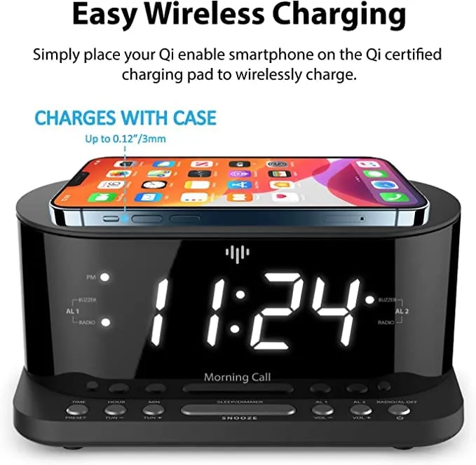 iLuv Morning Call 5 Qi-Certified Wireless Charging Bedside Digital Alarm Clock  Set up two alarms to accommodate different wake up schedules or share an alarm with your roommate-MORCAL5