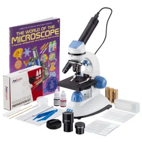 IQCrew by AmScope M50 Series Monocular Compound Microscope (Blue) 40X-1000X Magnification with Dual Illumination, Digital Eyepiece, Slide Preparation Kit and Microscope Book