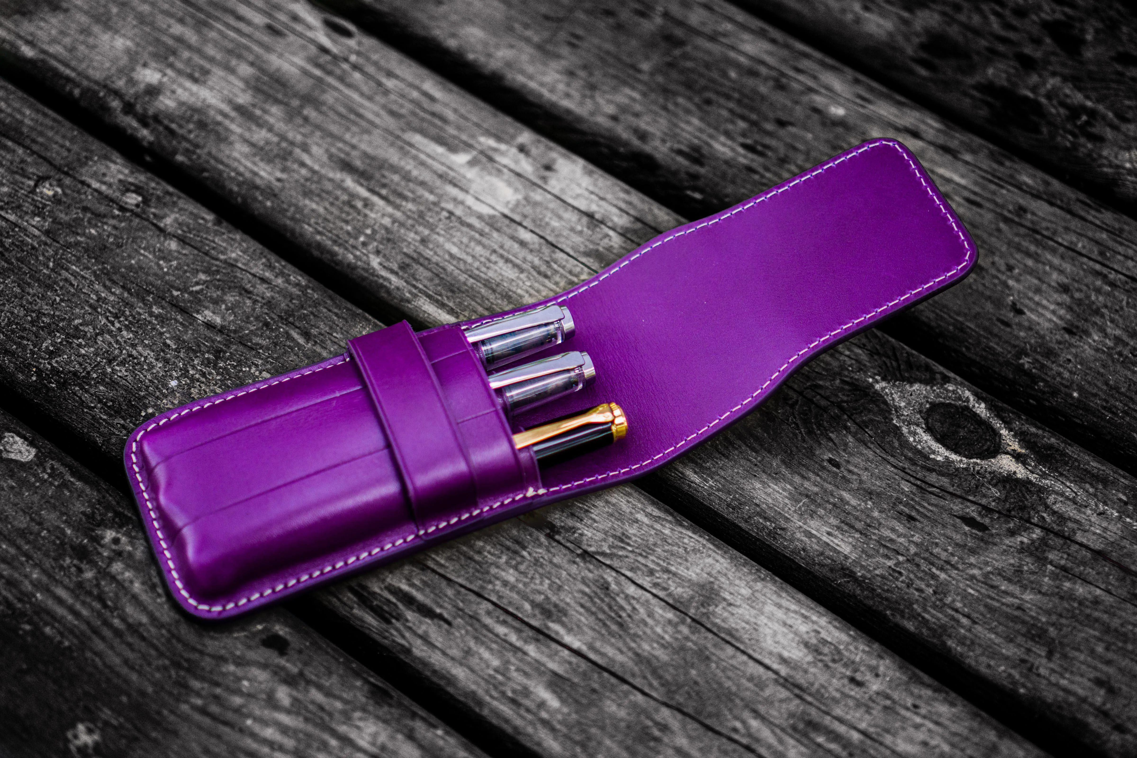 Leather Flap Pen Case for Three Pens - Purple