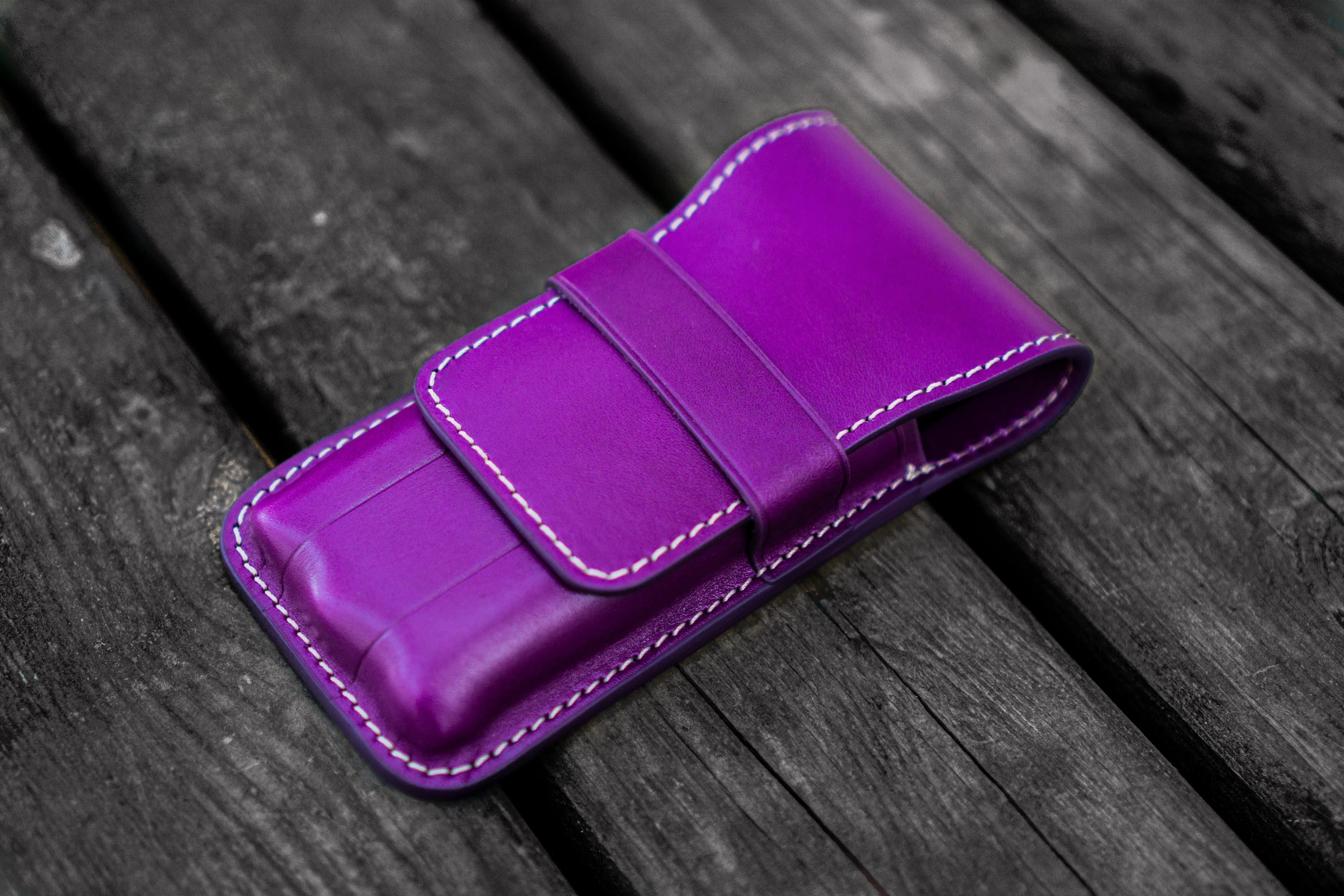 Leather Flap Pen Case for Three Pens - Purple