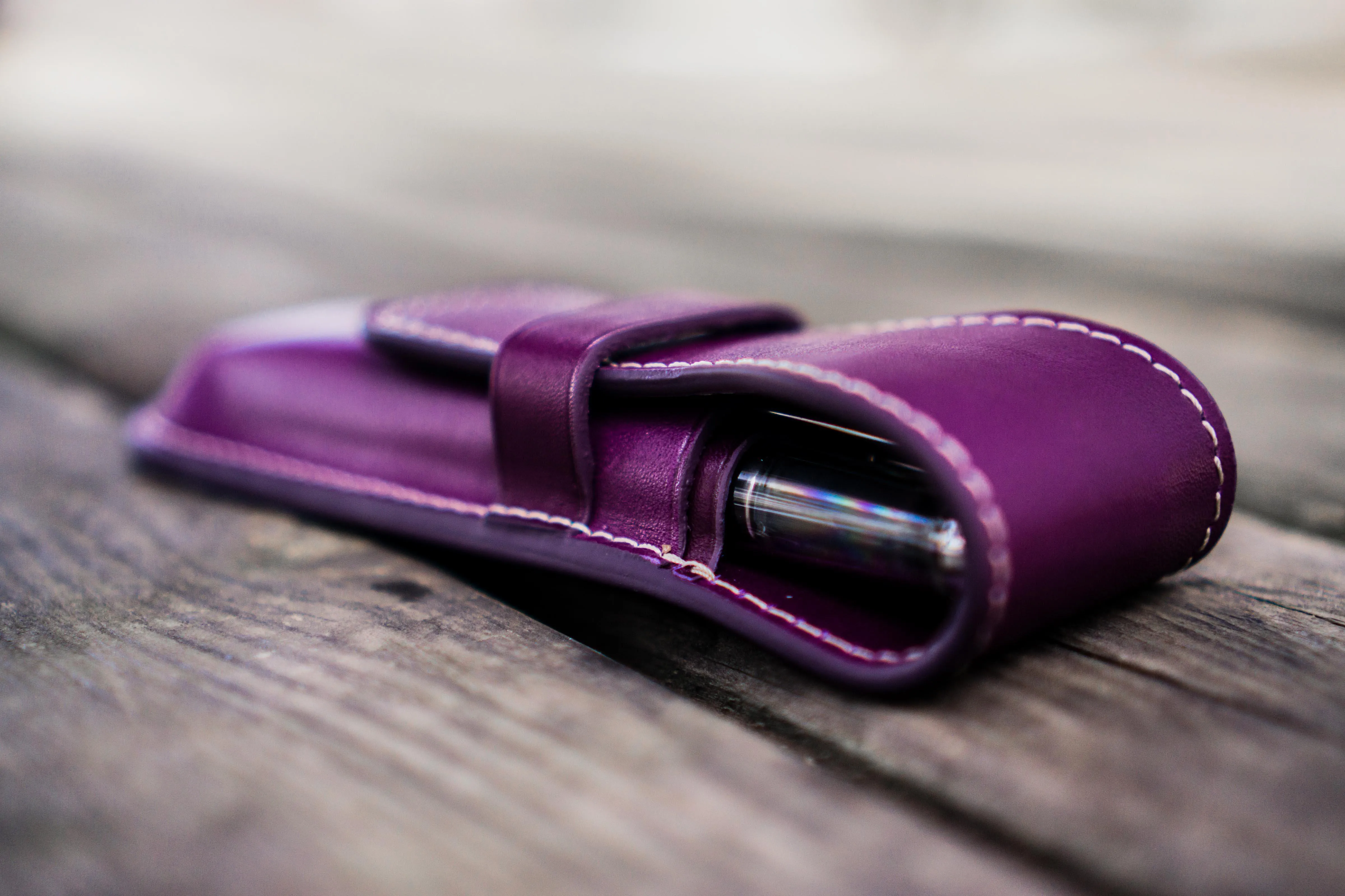 Leather Flap Pen Case for Two Pens - Purple