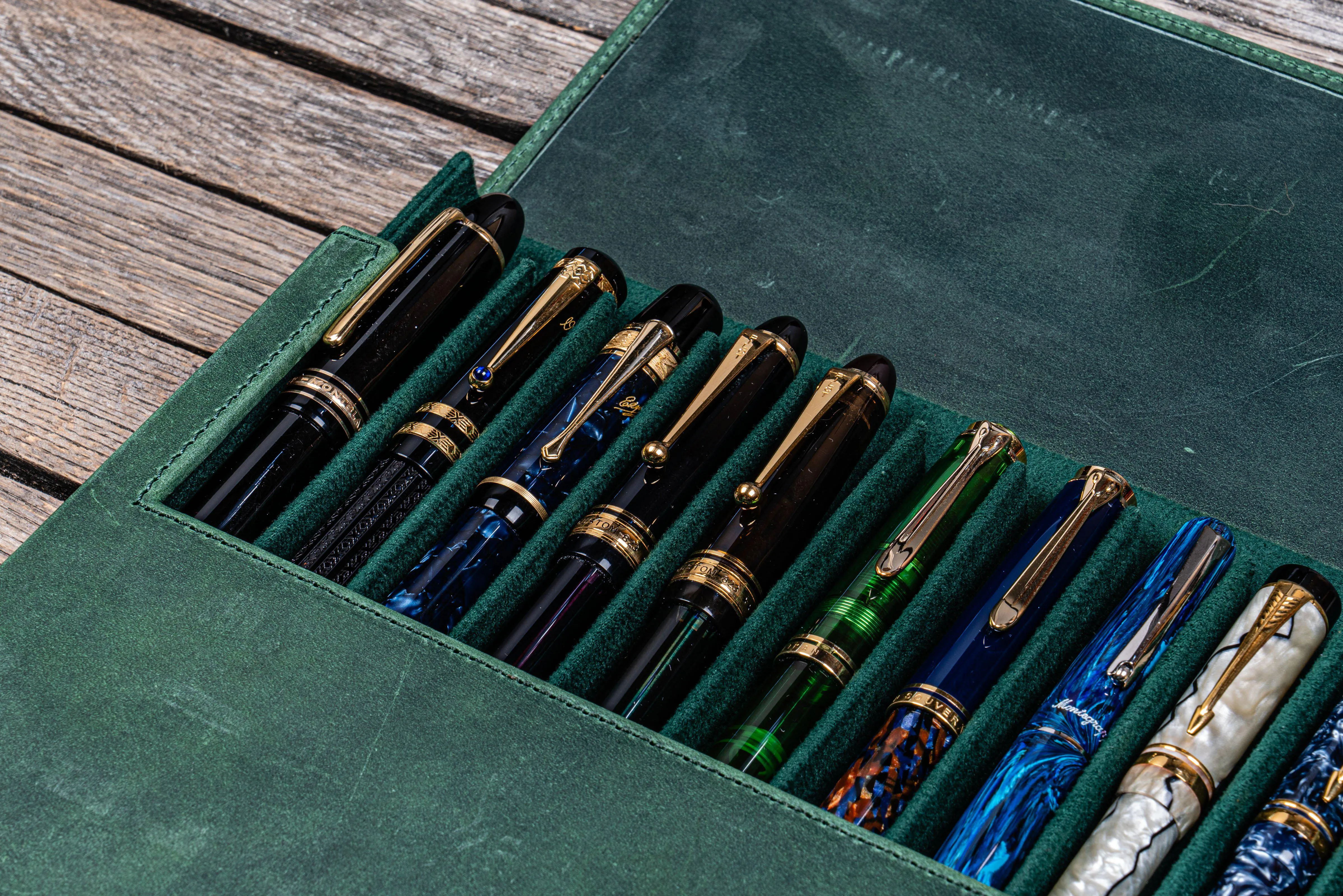 Leather Magnum Opus 12 Slots Hard Pen Case with Removable Pen Tray - Crazy Horse Forest Green