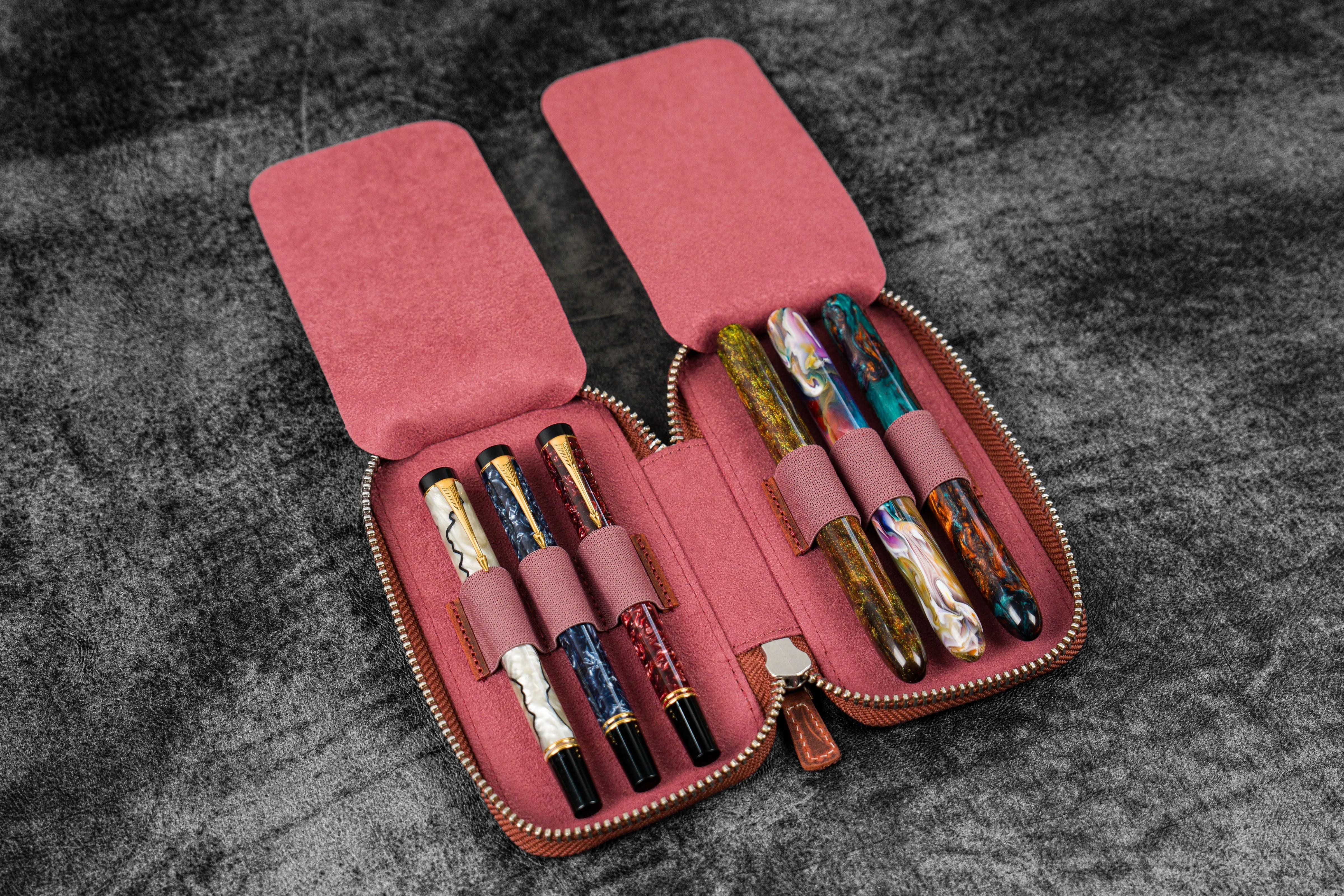 Leather Zippered 6 Slots Pen Case - C.H. Orange