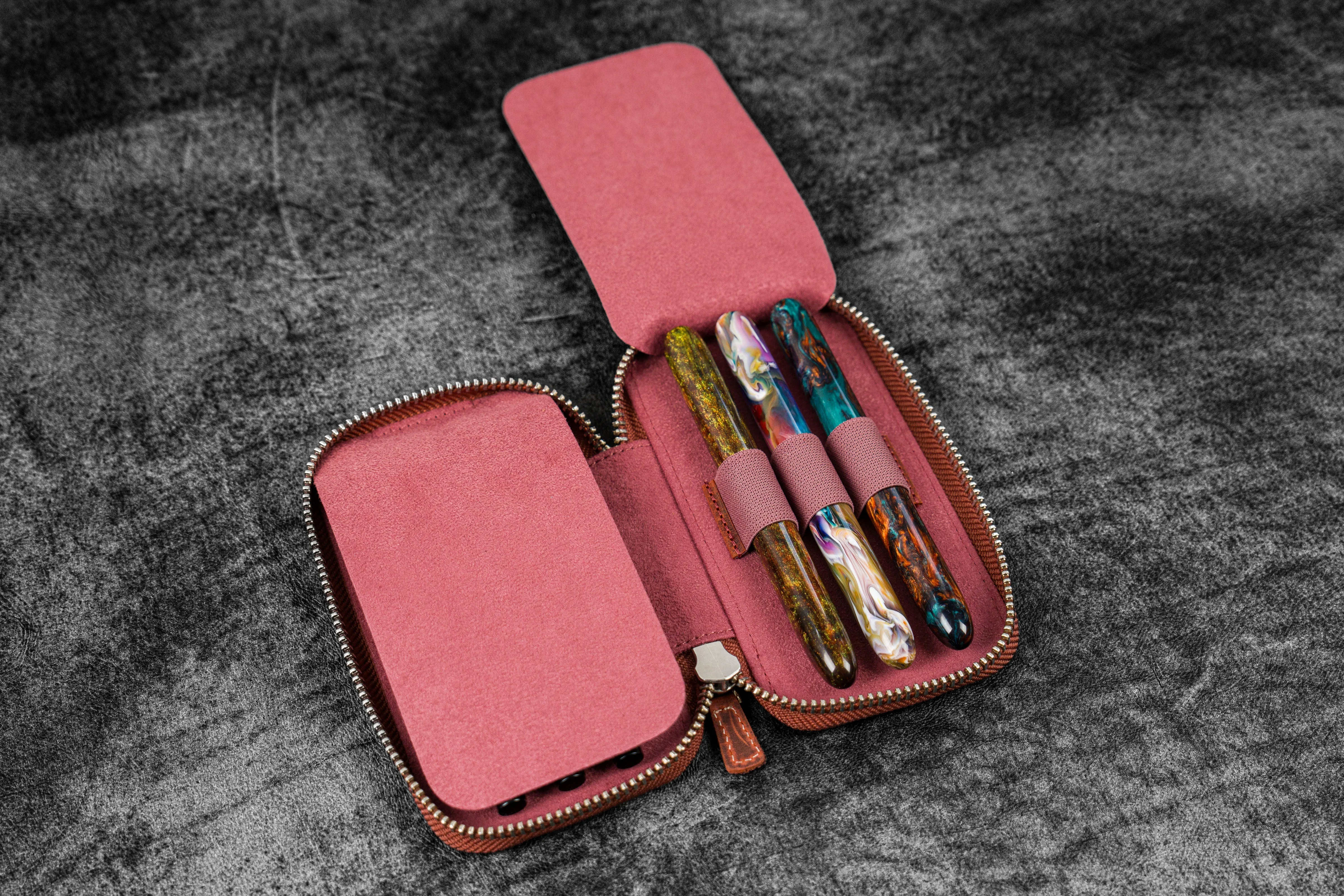 Leather Zippered 6 Slots Pen Case - C.H. Orange